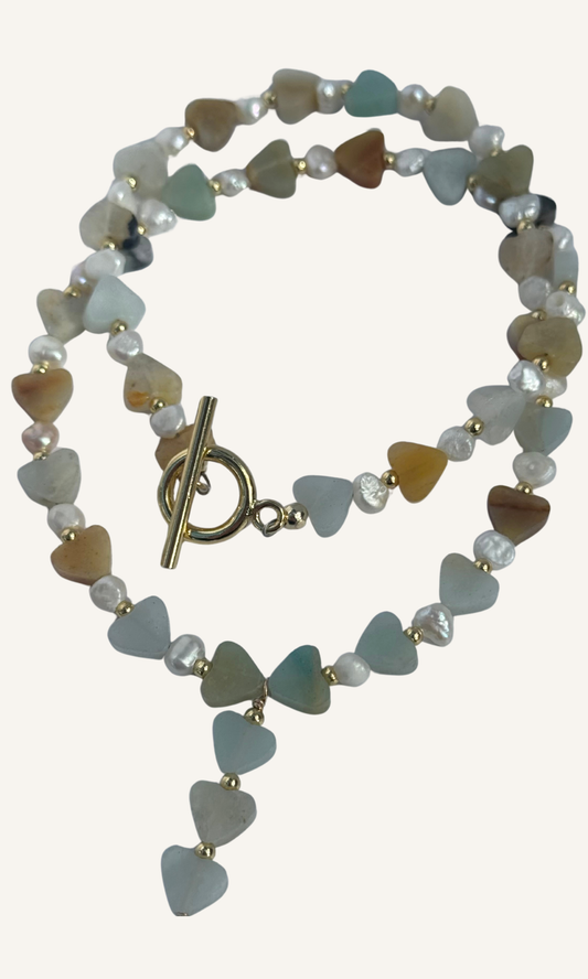 Amazonite heart necklace with Freshwater Pearls and a gold filled toggle clasp