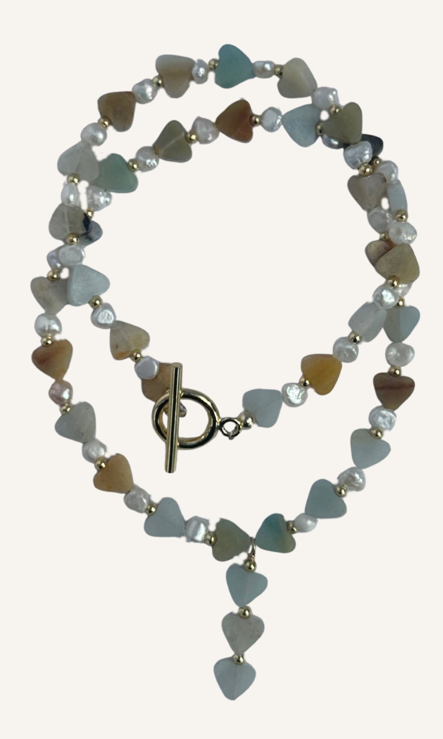 Amazonite heart necklace with Freshwater Pearls and a gold filled toggle clasp