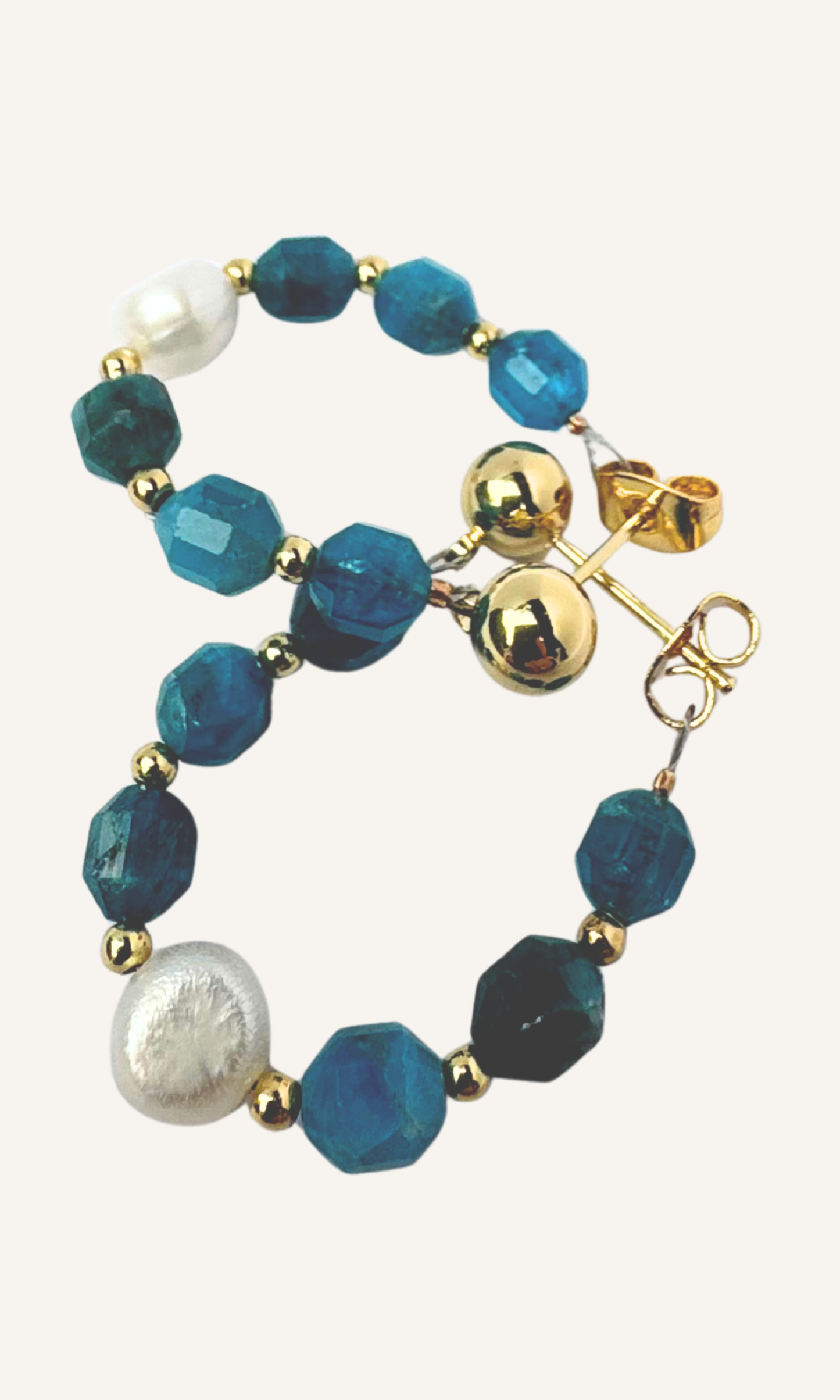 Blue Apatite and Freshwater Pearl Earrings with gold filled spacer beads on a gold filled ball earring post.