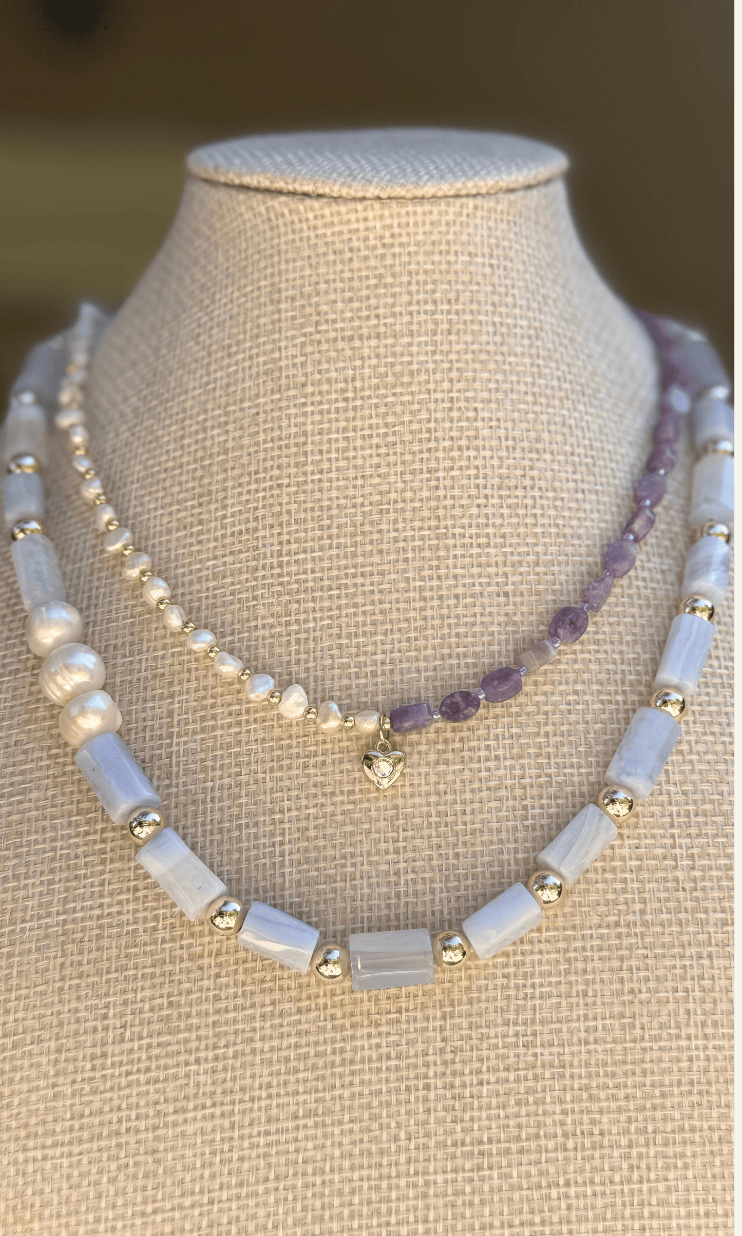 Blue Lace Agate and Freshwater Pearl necklace with gold filled findings and a toggle closure and dainty purple lepidolite and pearl necklace with heart charm