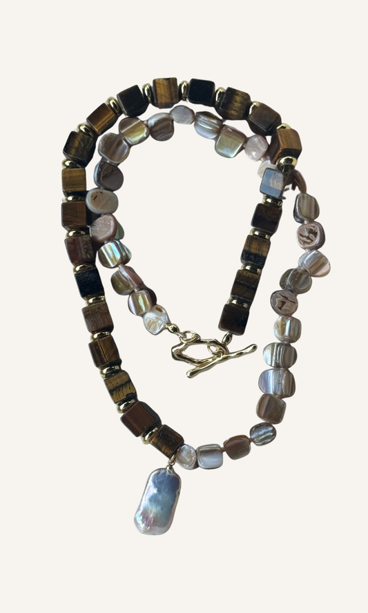 Brown Tiger's Eye and natural brown Mother of Pearl necklace with Freshwater Pearl charm, gold filled findings, and a toggle closure