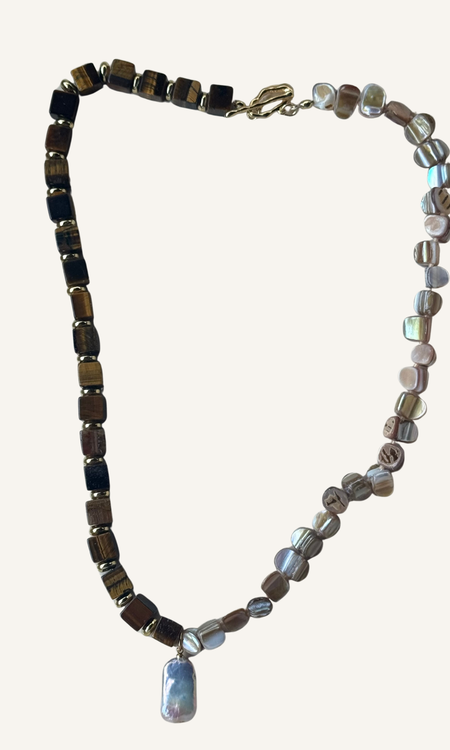 Brown Tiger's Eye and natural brown Mother of Pearl necklace with Freshwater Pearl charm, gold filled findings, and a toggle closure