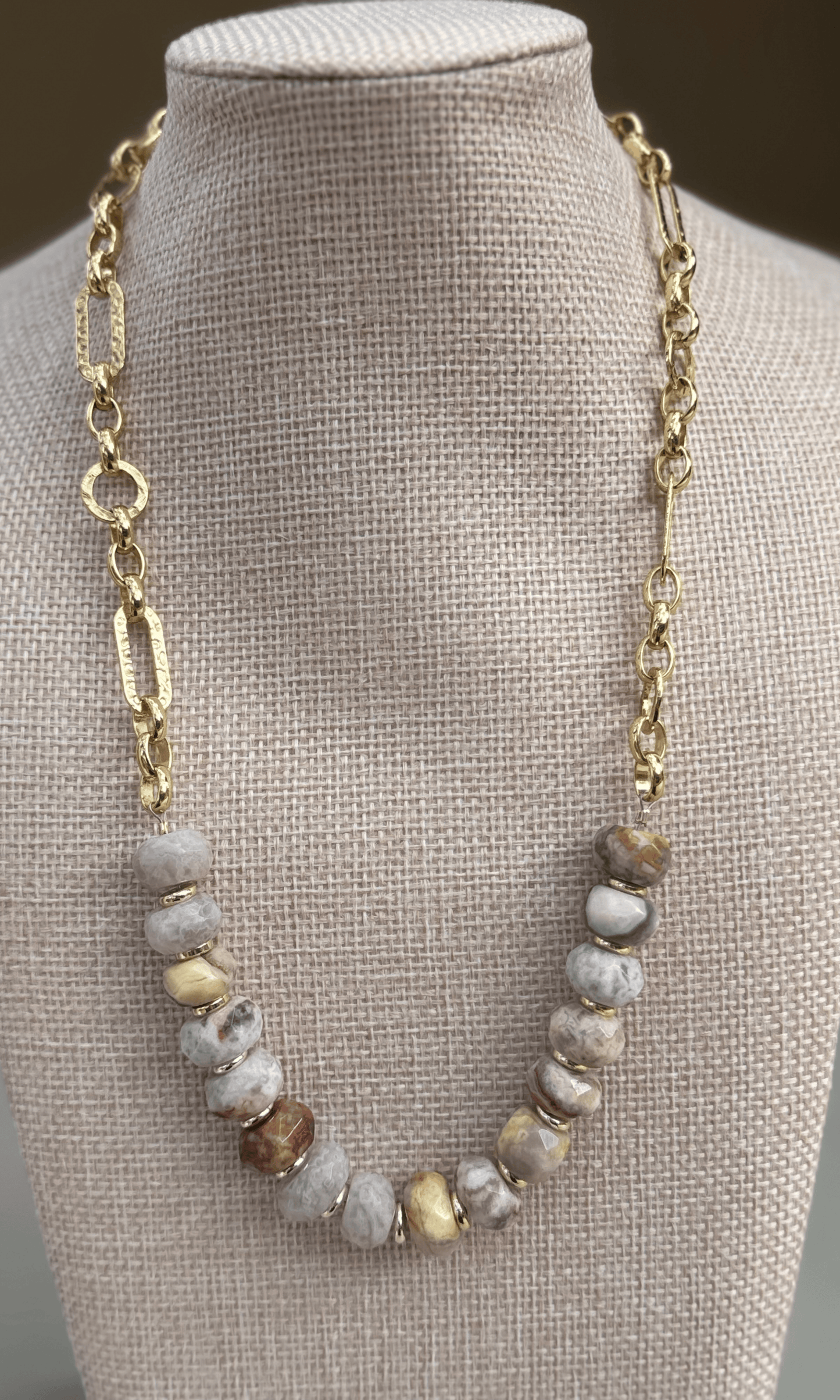 Chunky Yellow Lace Agate necklace with a gold filled hammered figaro chain and push gate clasp