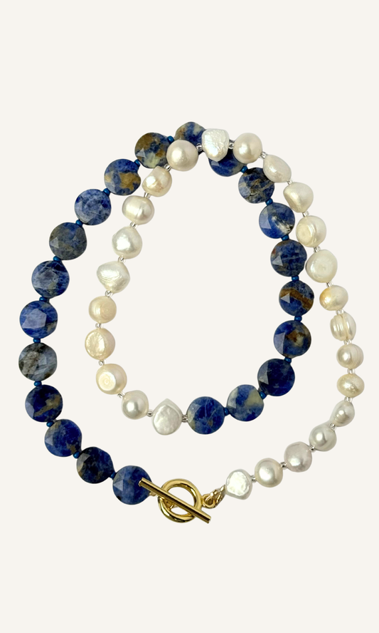 Color block Sodalite and Freshwater Pearl necklace with gold filled findings and a toggle closure