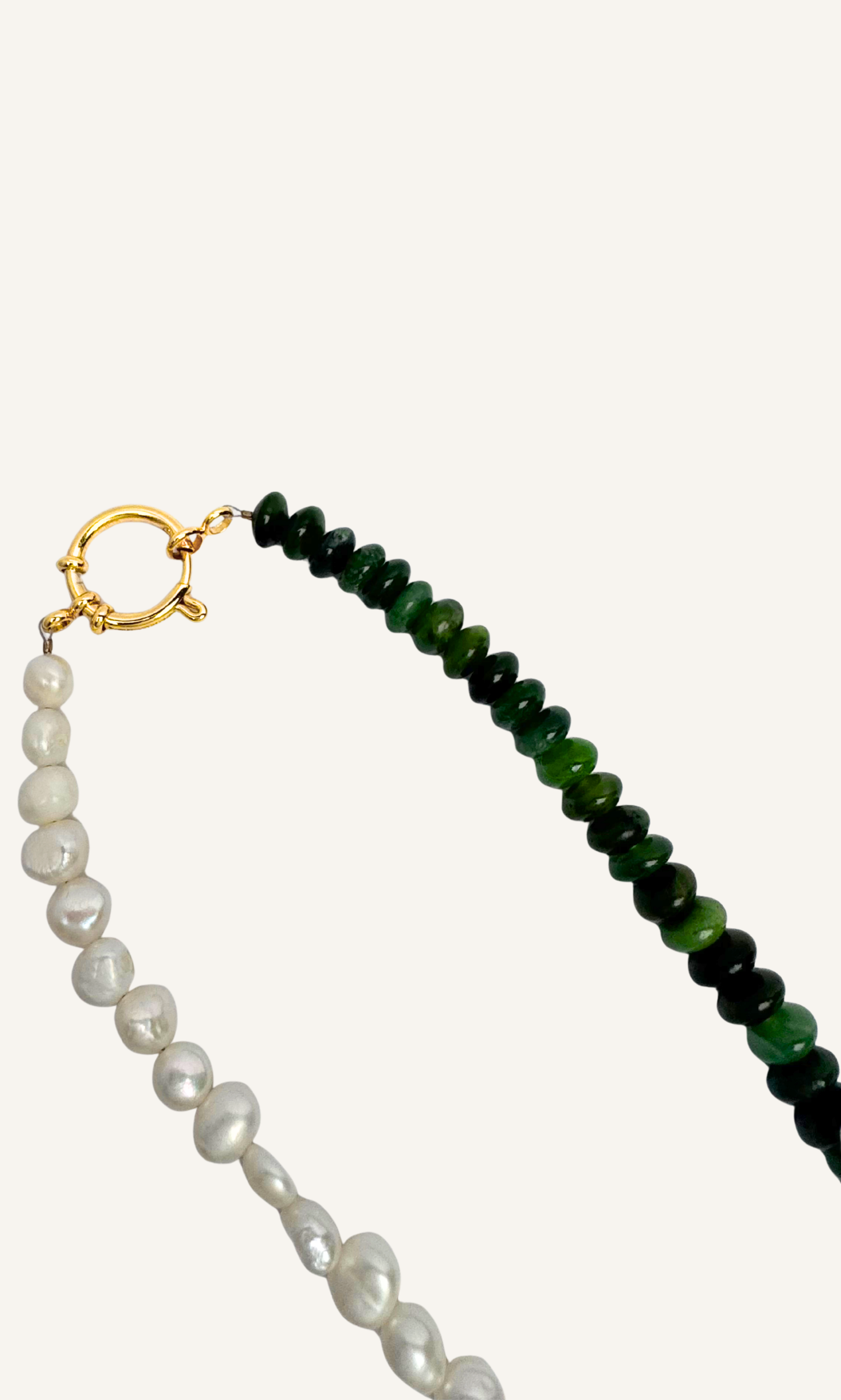 Green Russian Jade and Freshwater Pearl necklace with a beaded puffy heart, gold filled findings, and a sailor clasp