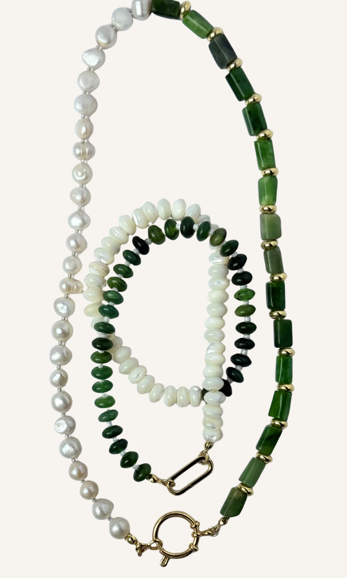 Green Russian Jade and Mother of Pearl necklace with gold filled findings and a push gate clasp and green canadian jade and freshwater pearl necklace with gold filled spacers and a sailor clasp
