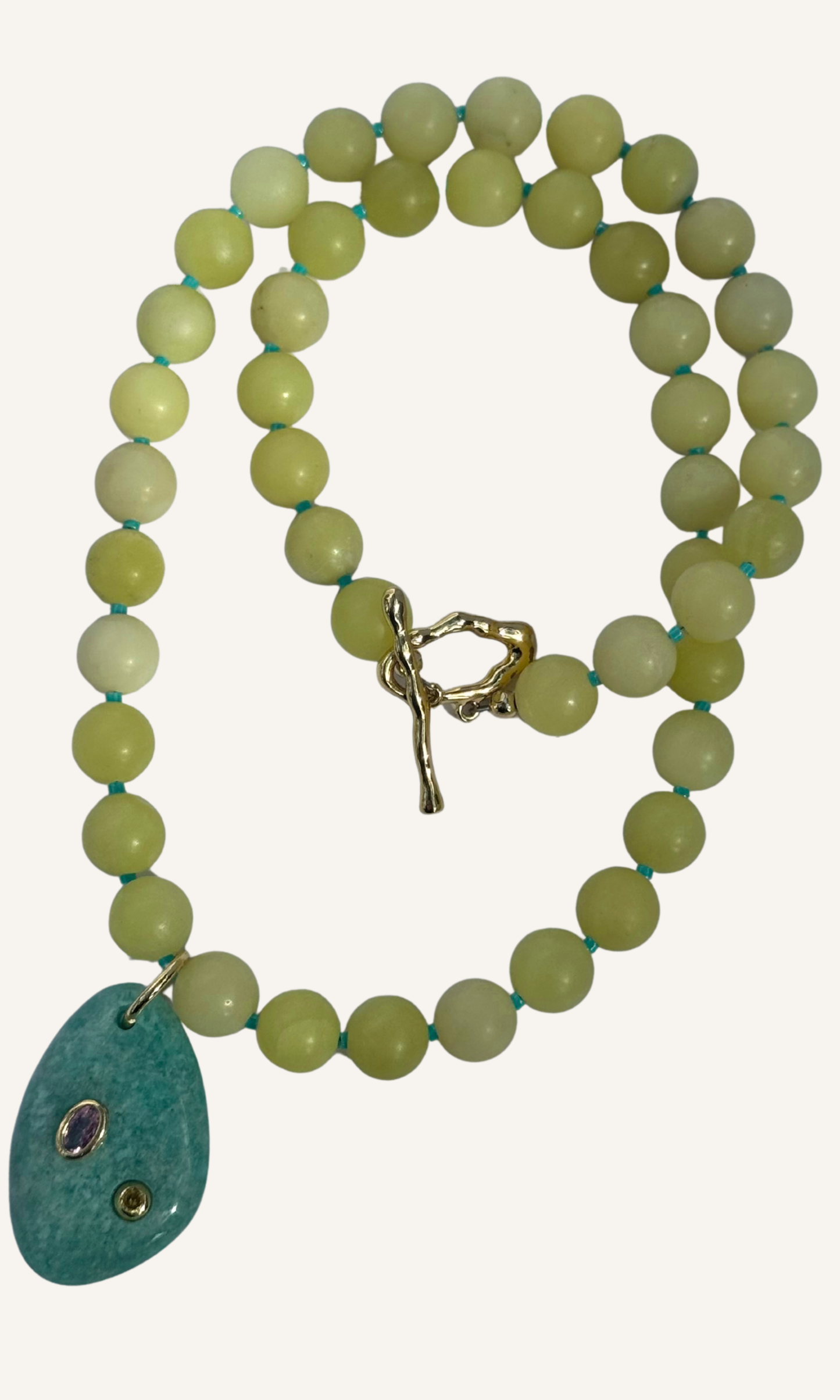 Lemon Jade necklace, Amazonite pendant with CZ stones, and gold filled toggle clasp
