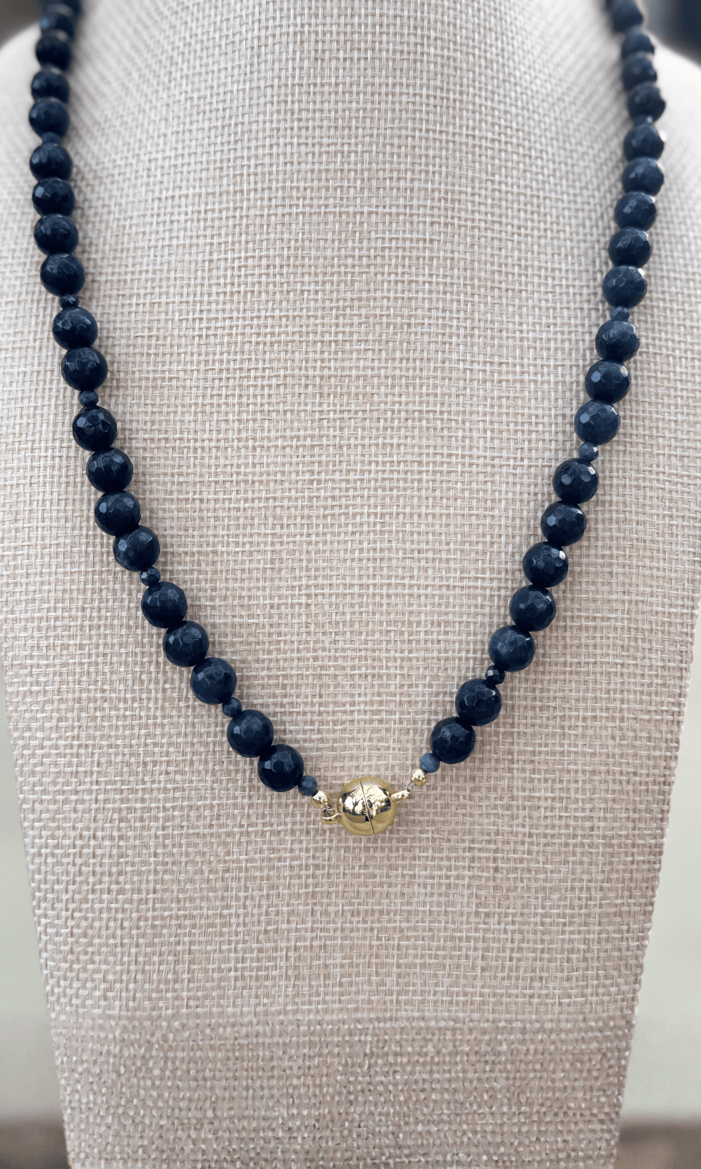Midnight Jade and Blue Sapphire necklace with gold filled hardware including a horsebit connector and magnetic closure