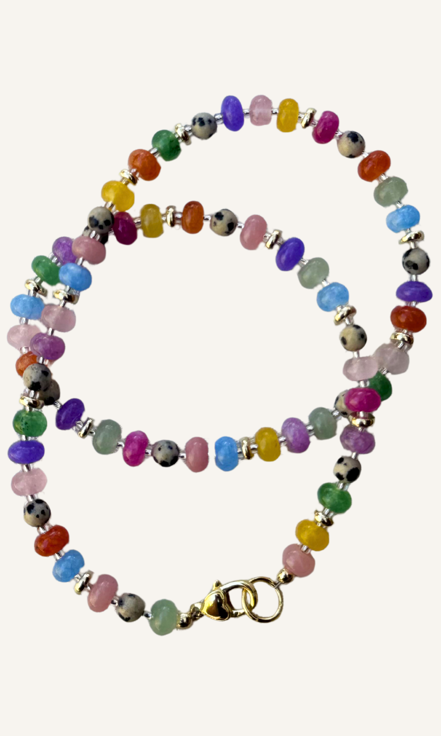 Multi-color Jade, Dalmatian Jasper, and gold filled spacers and a gold filled lobster clasp