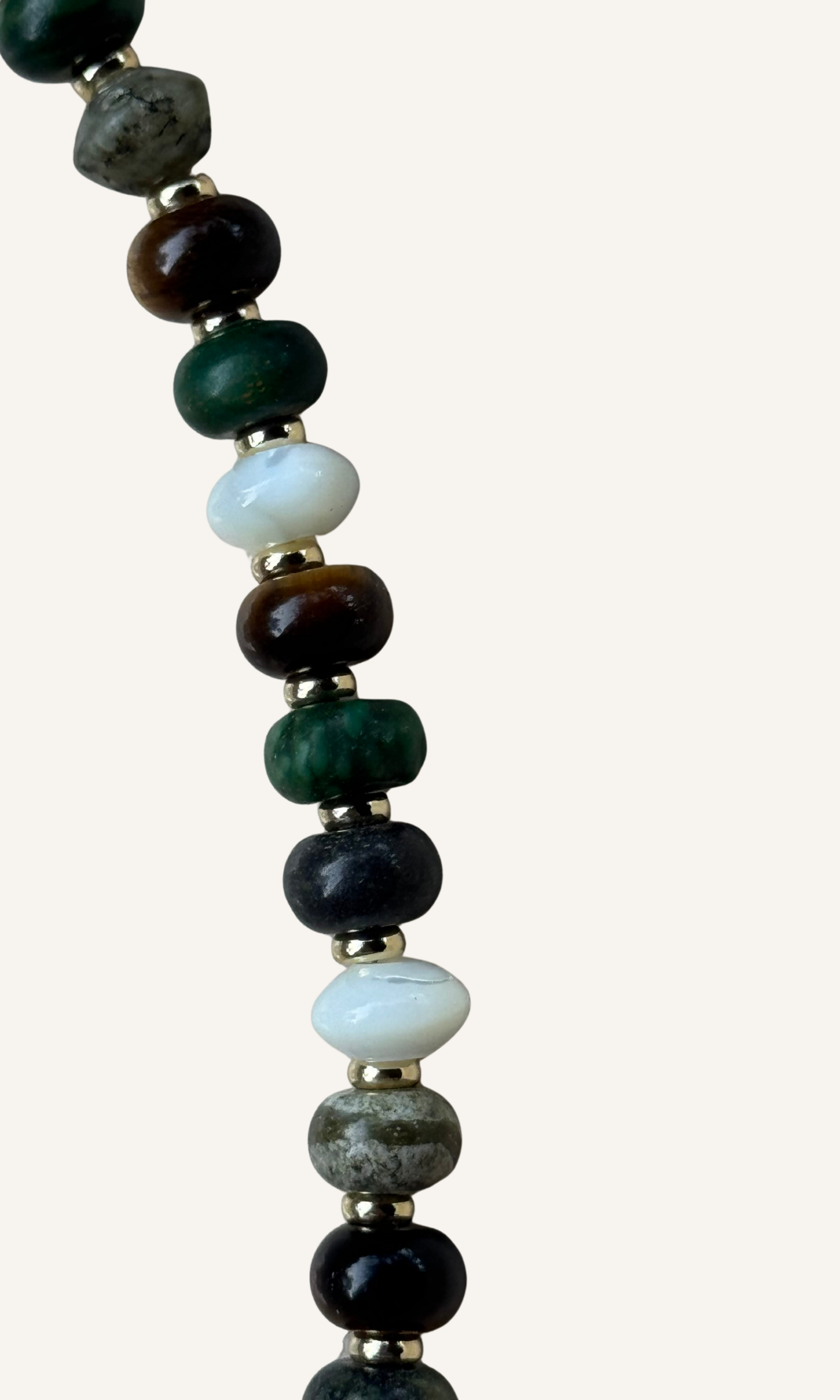 Multi-gemstone necklace with Labradorite, Mother of Pearl, African Green Jade, Dragon Blood Jasper, and Tiger's Eye, gold filled findings, and a sailor clasp