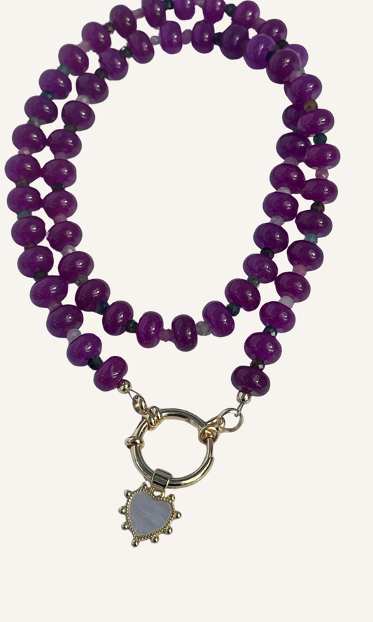 Purple Quartz necklace with multi-colored faceted Tourmaline, gold filled sailor clasp, and shell heart charm