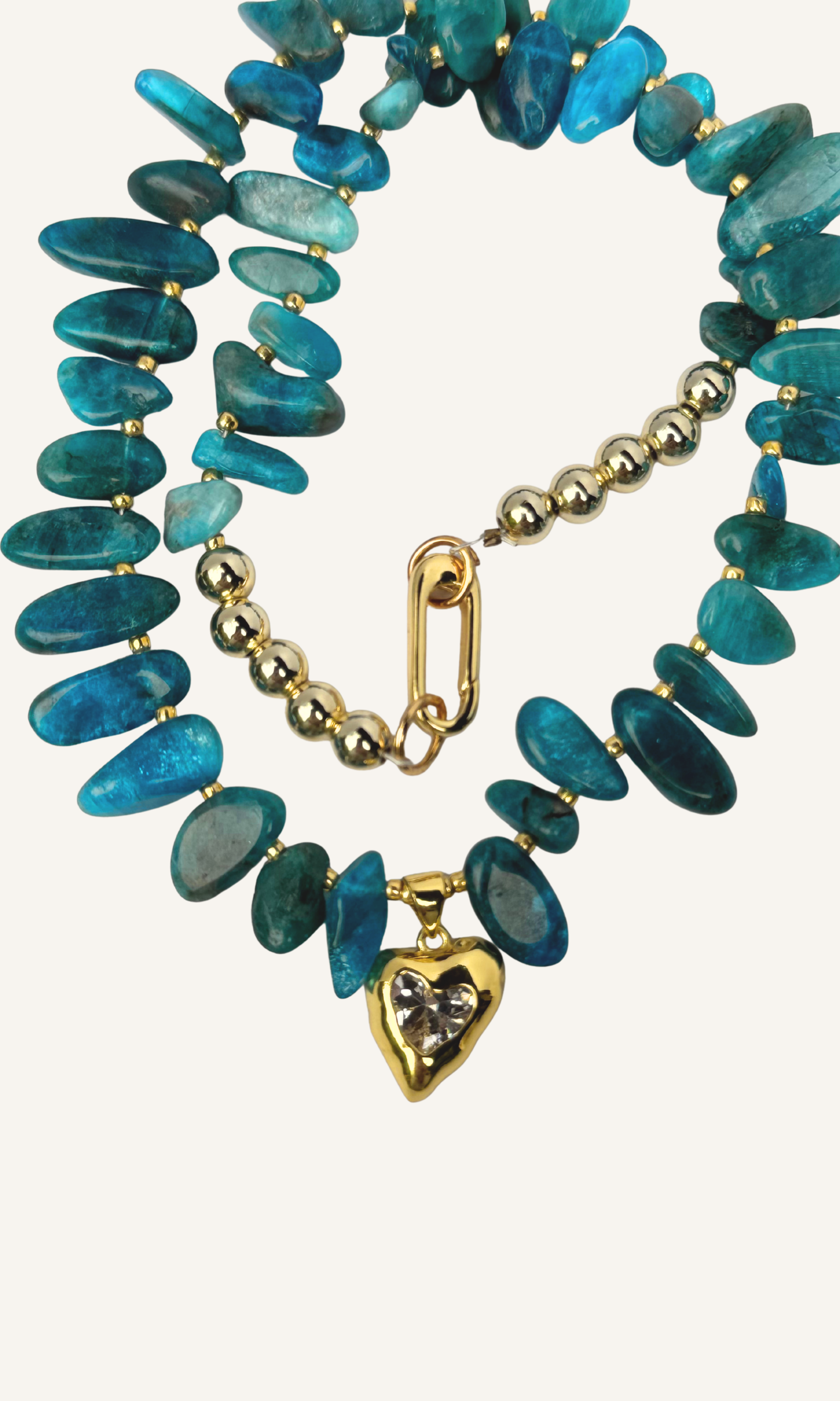 Teal blue Apatite necklace with hammered gold CZ heart charm, gold filled findings, and and a push gate clasp