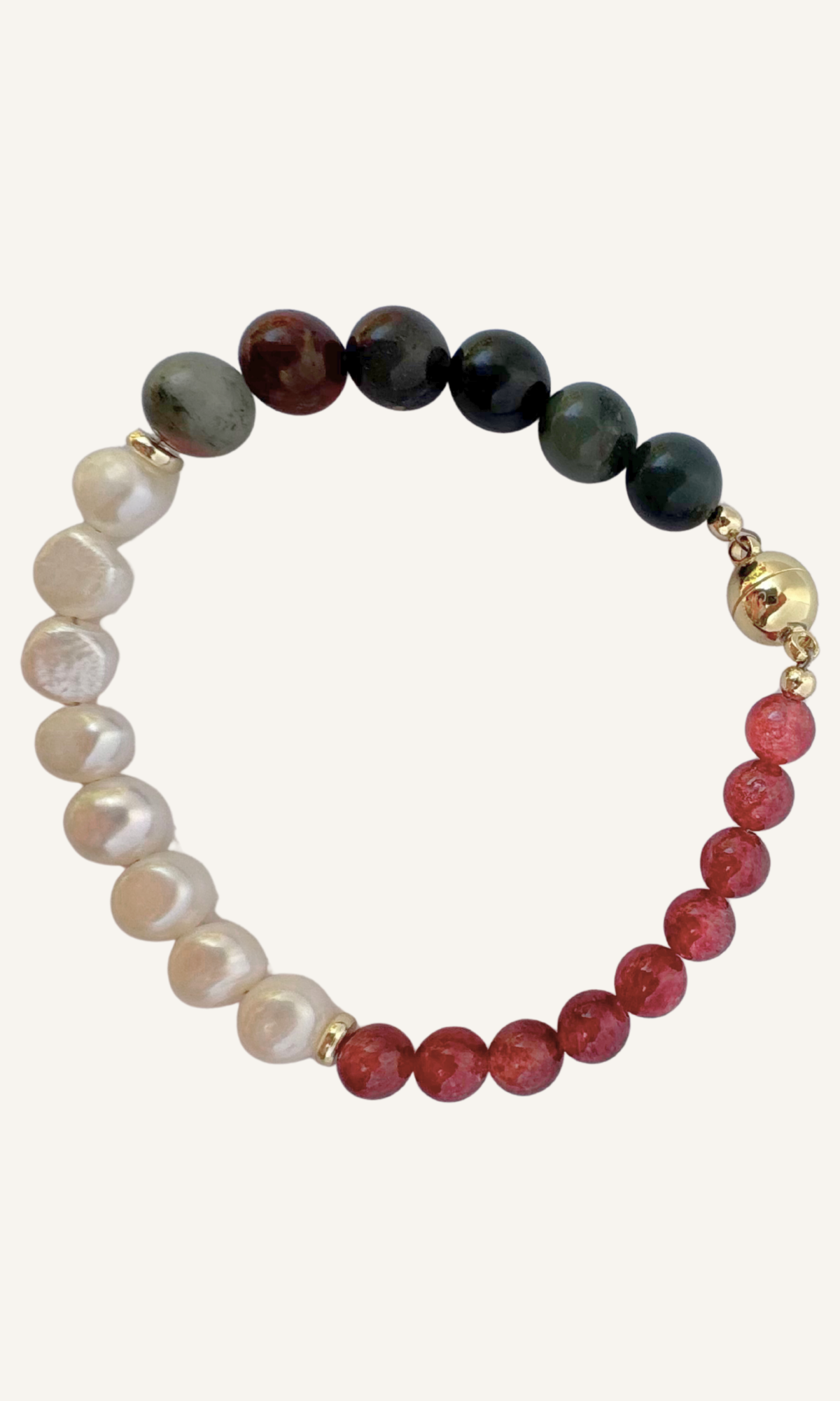 African Bloodstone, Strawberry Quartz, and Freshwater Pearl bracelet with a gold filled magnetic clasp