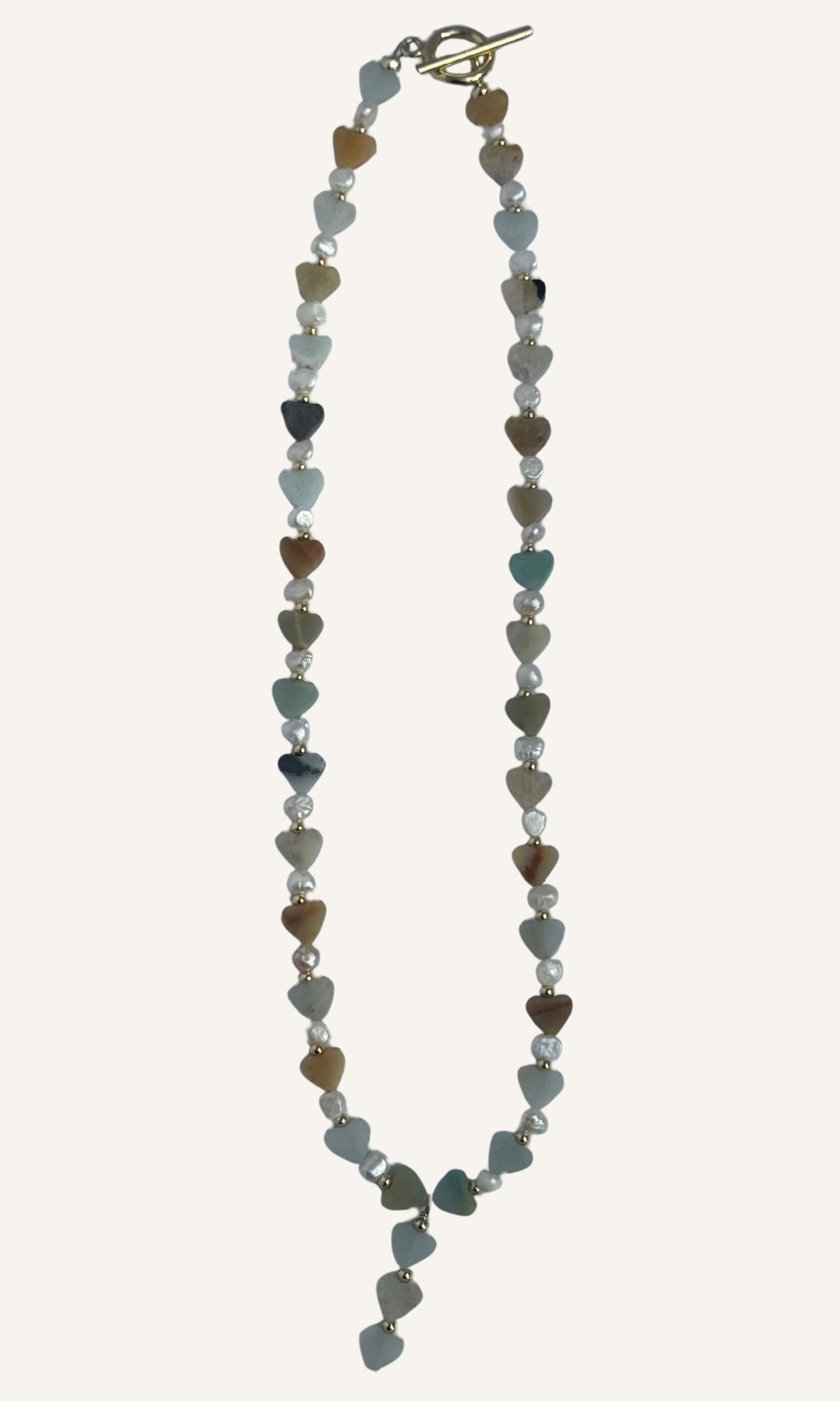 Amazonite heart necklace with Freshwater Pearls and a gold filled toggle clasp