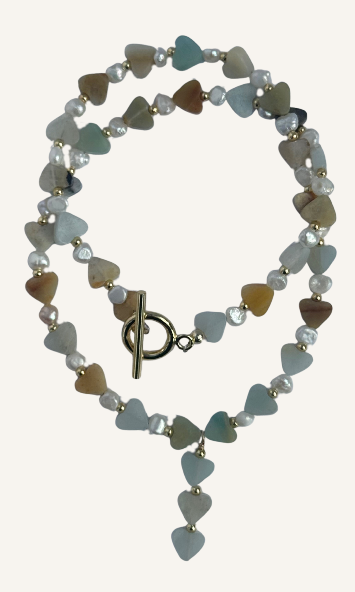 Amazonite heart necklace with Freshwater Pearls and a gold filled toggle clasp