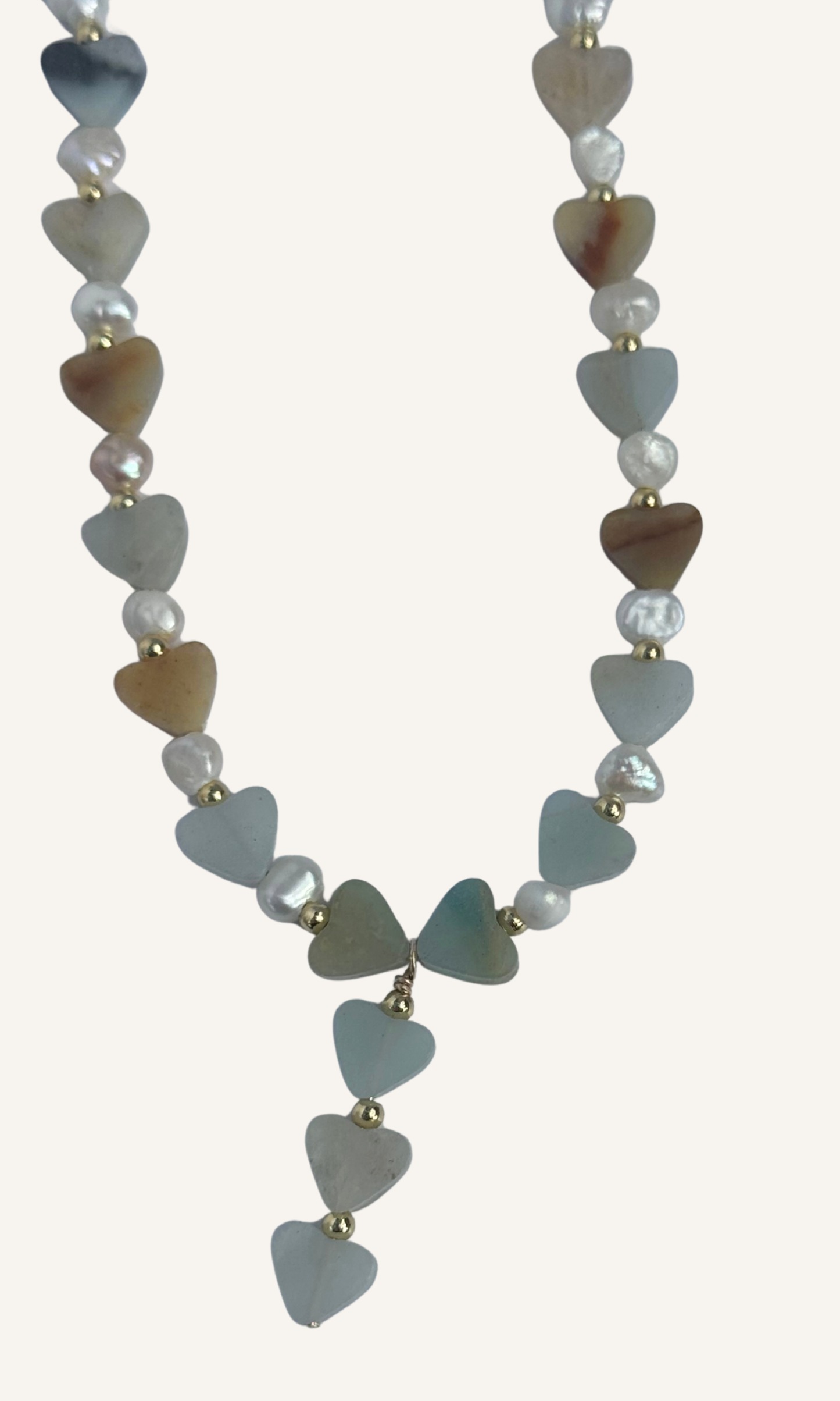 Amazonite heart necklace with Freshwater Pearls and a gold filled toggle clasp