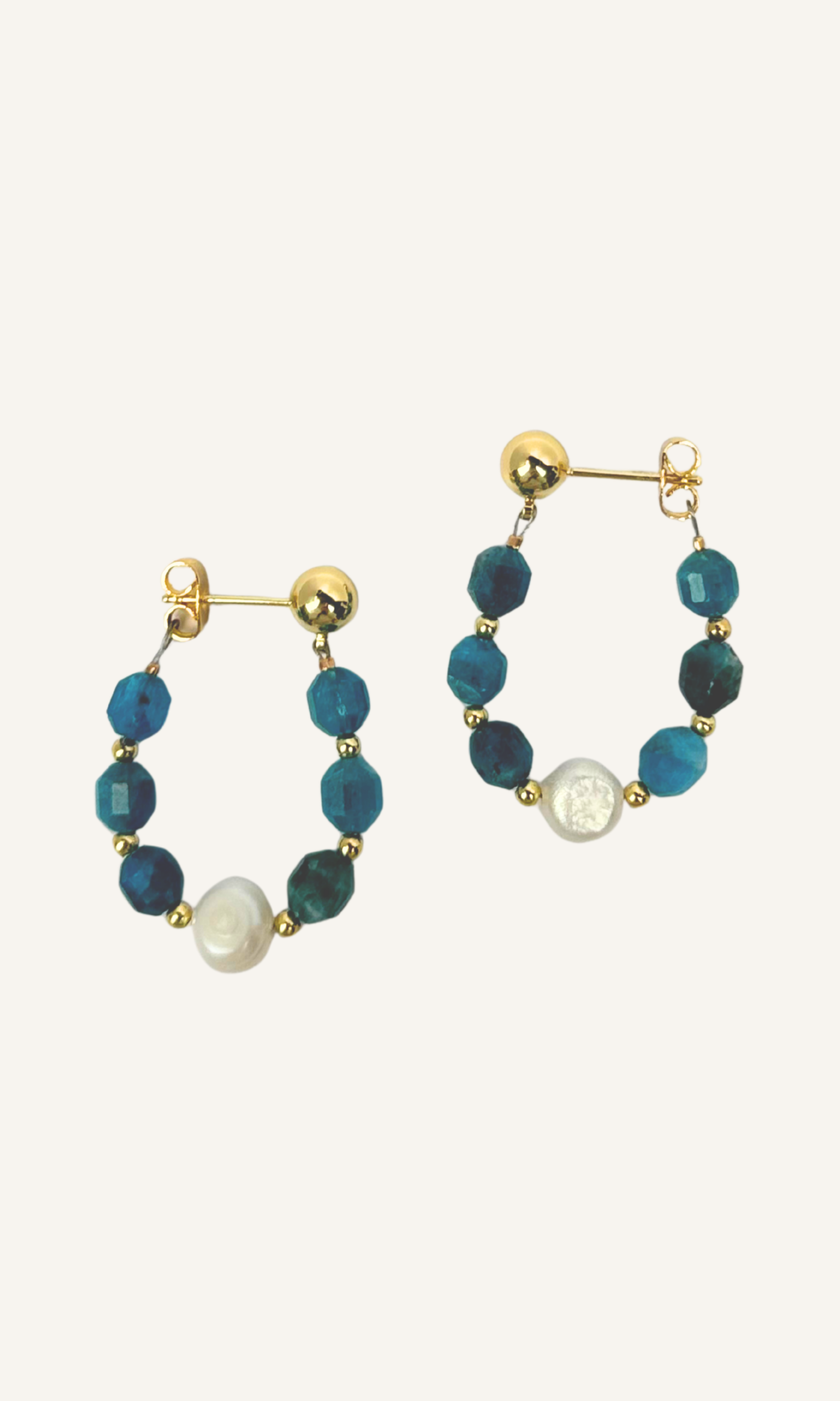 Blue Apatite and Freshwater Pearl Earrings with gold filled spacer beads on a gold filled ball earring post. 