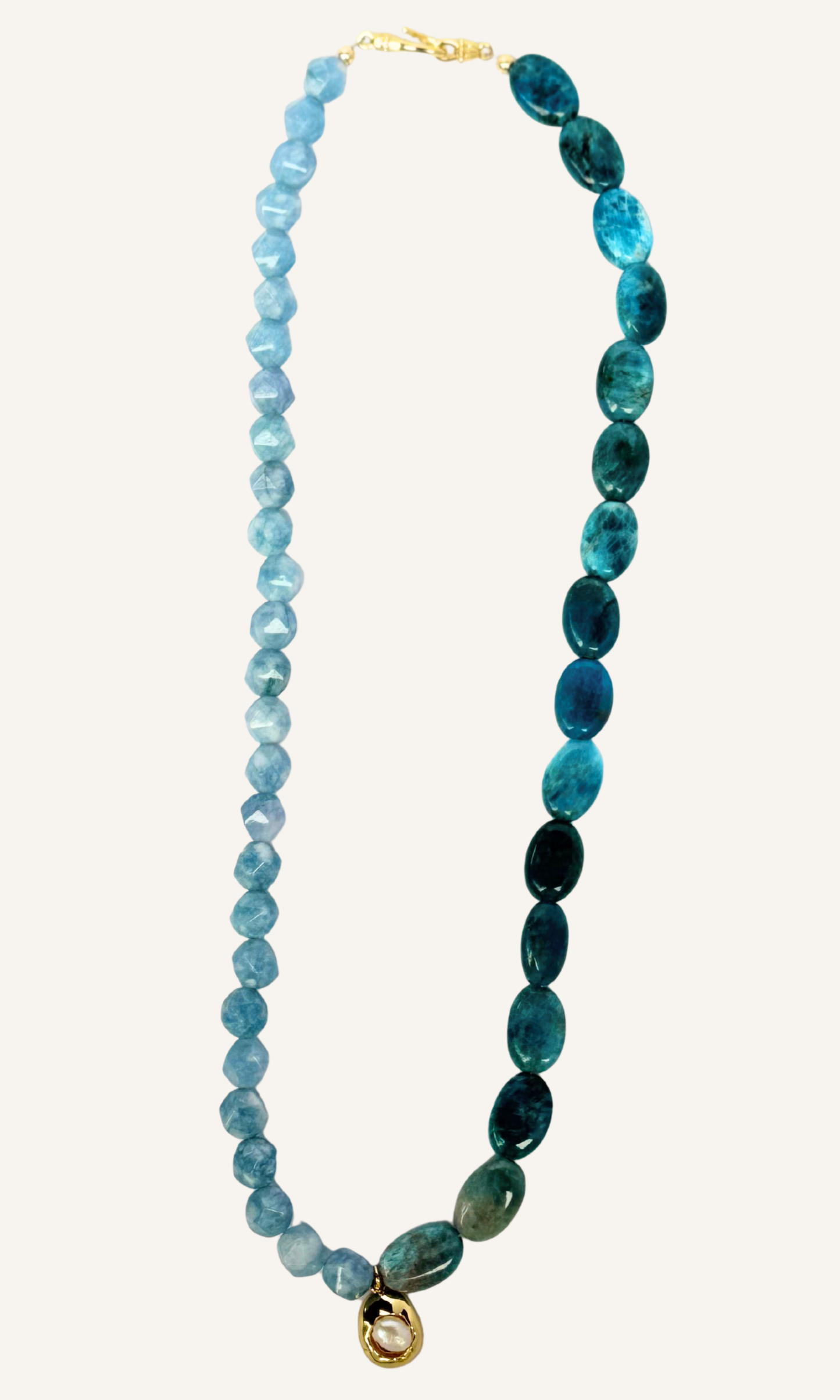 Blue Apatite and Jade necklace with Freshwater Pearl charm, gold filled findings, and hook clasp