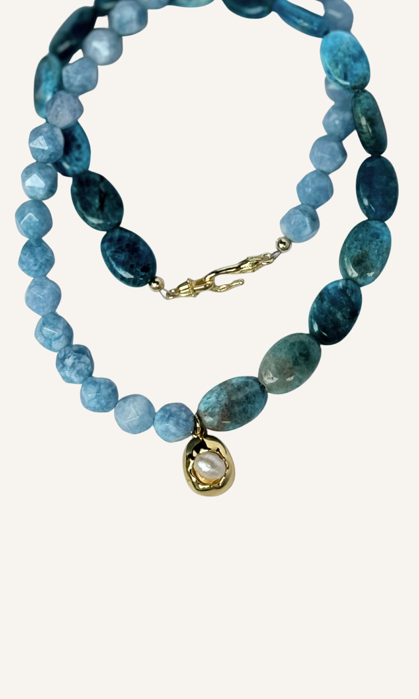 Blue Apatite and Jade necklace with Freshwater Pearl charm, gold filled findings, and hook clasp