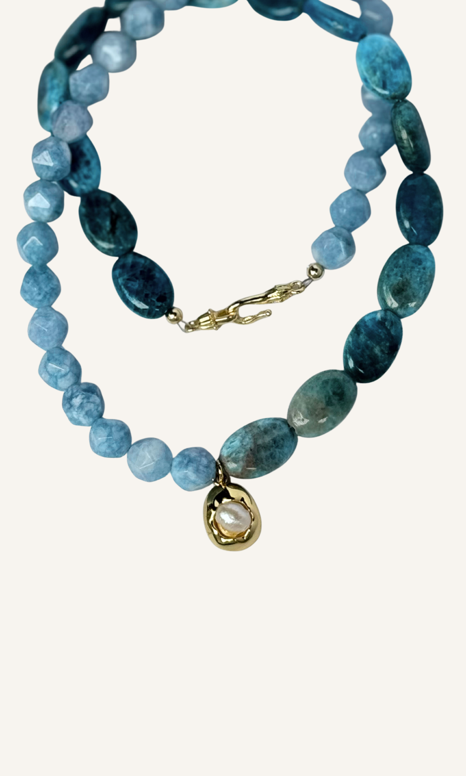 Blue Apatite and Jade necklace with Freshwater Pearl charm, gold filled findings, and hook clasp