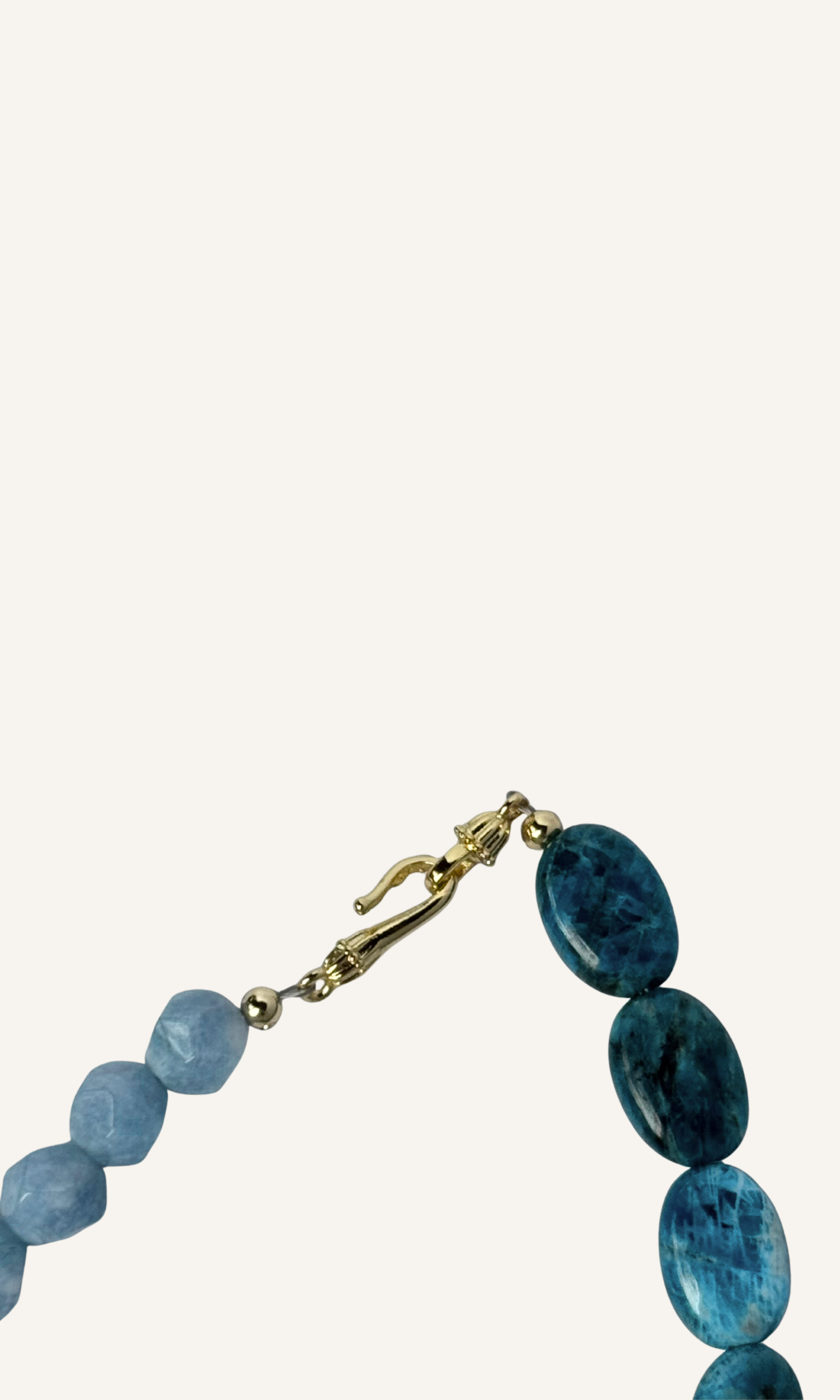 Blue Apatite and Jade necklace with Freshwater Pearl charm, gold filled findings, and hook clasp