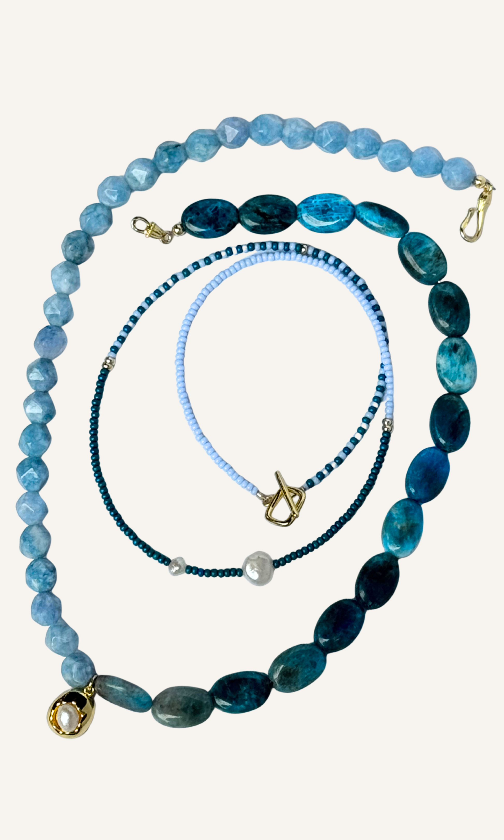 Blue Apatite and Jade necklace with Freshwater Pearl charm, gold filled findings, and hook clasp
