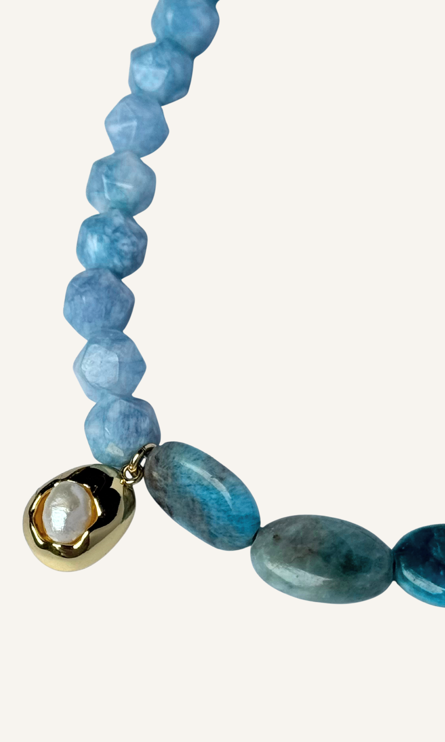 Blue Apatite and Jade necklace with Freshwater Pearl charm, gold filled findings, and hook clasp