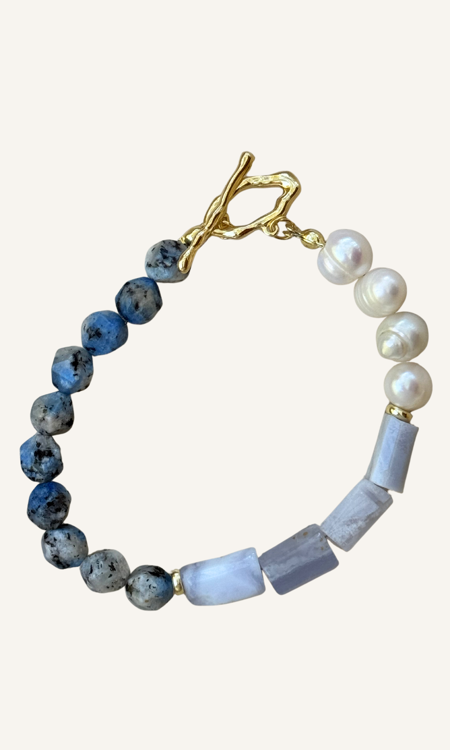 Blue Lace Agate, K2, and Freshwater Pearl bracelet with gold filled findings and a toggle closure