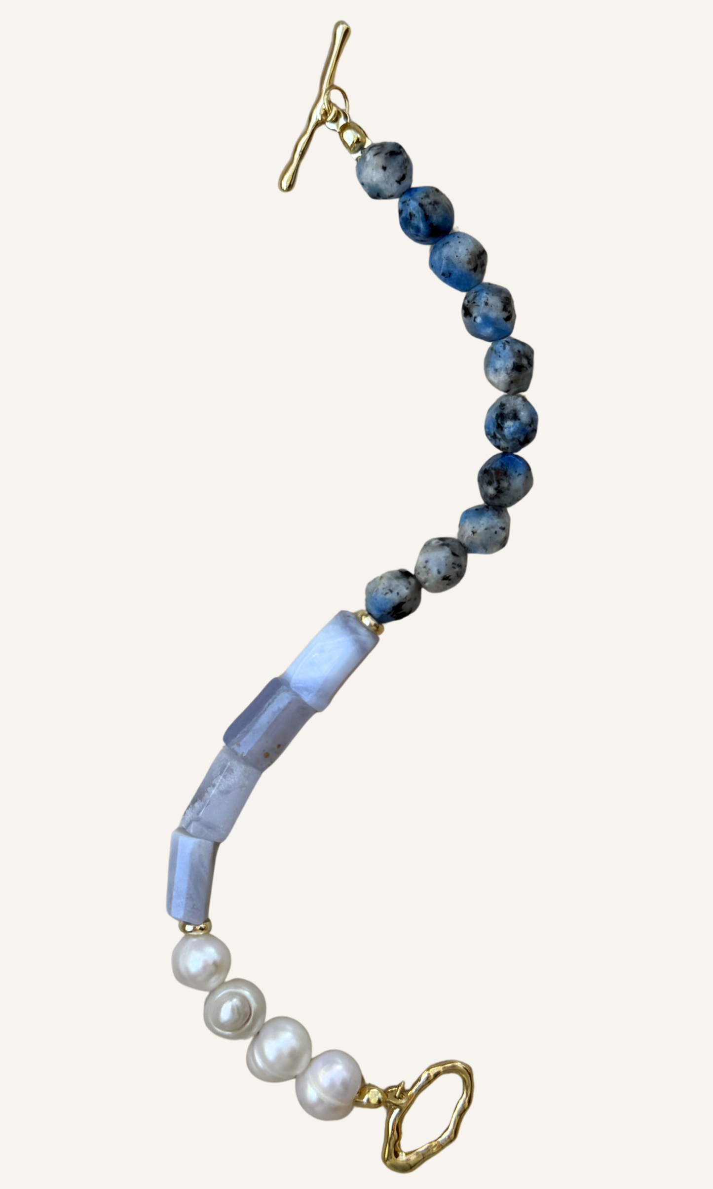 Blue Lace Agate, K2, and Freshwater Pearl bracelet with gold filled findings and a toggle closure