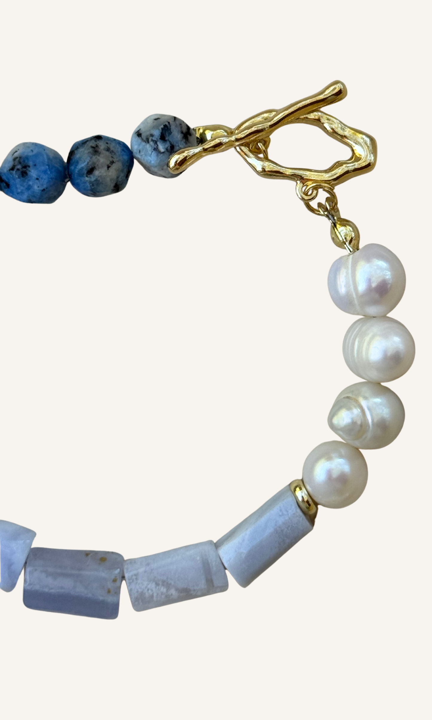 Blue Lace Agate, K2, and Freshwater Pearl bracelet with gold filled findings and a toggle closure