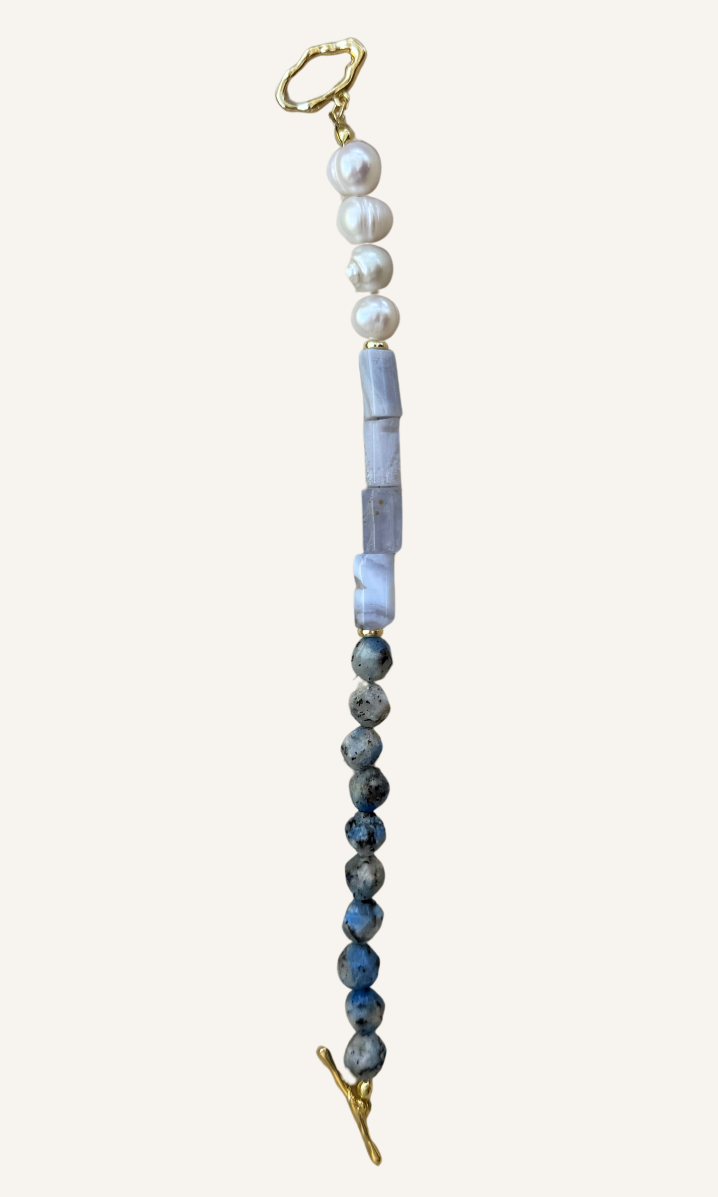 Blue Lace Agate, K2, and Freshwater Pearl bracelet with gold filled findings and a toggle closure