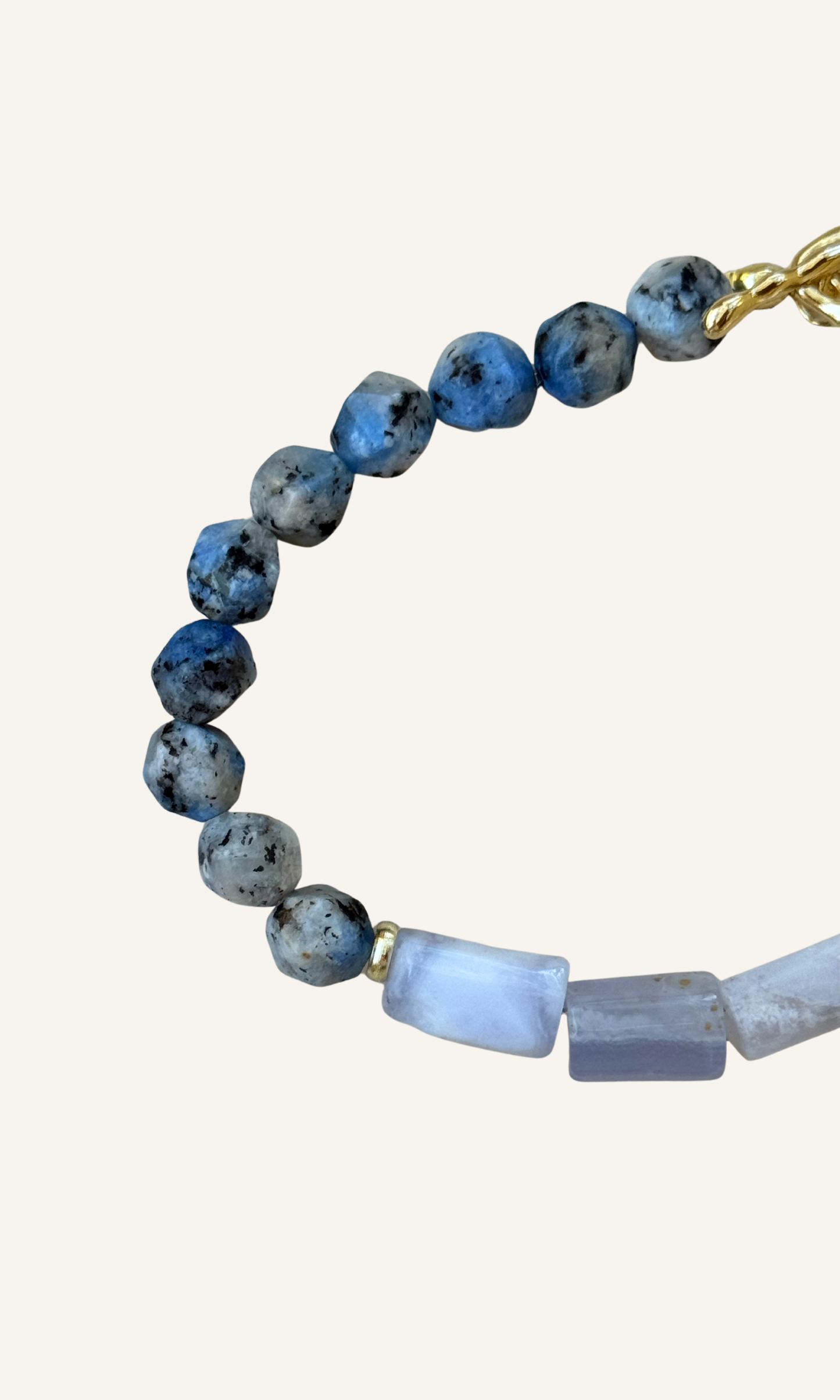Blue Lace Agate, K2, and Freshwater Pearl bracelet with gold filled findings and a toggle closure