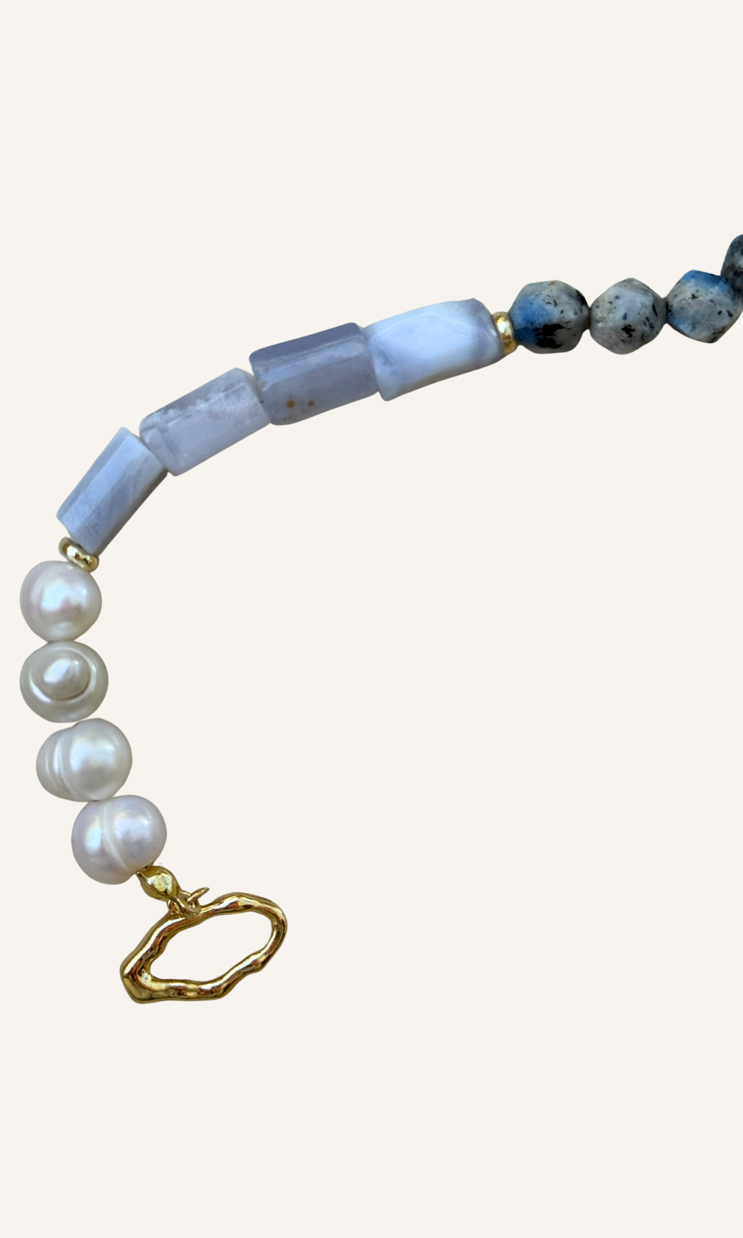 Blue Lace Agate, K2, and Freshwater Pearl bracelet with gold filled findings and a toggle closure