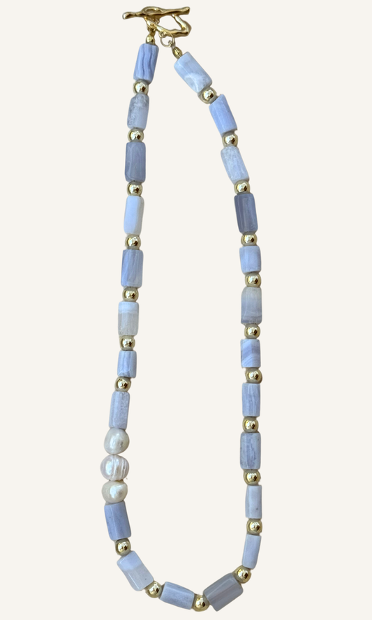 Blue Lace Agate and Freshwater Pearl necklace with gold filled findings and a toggle closure