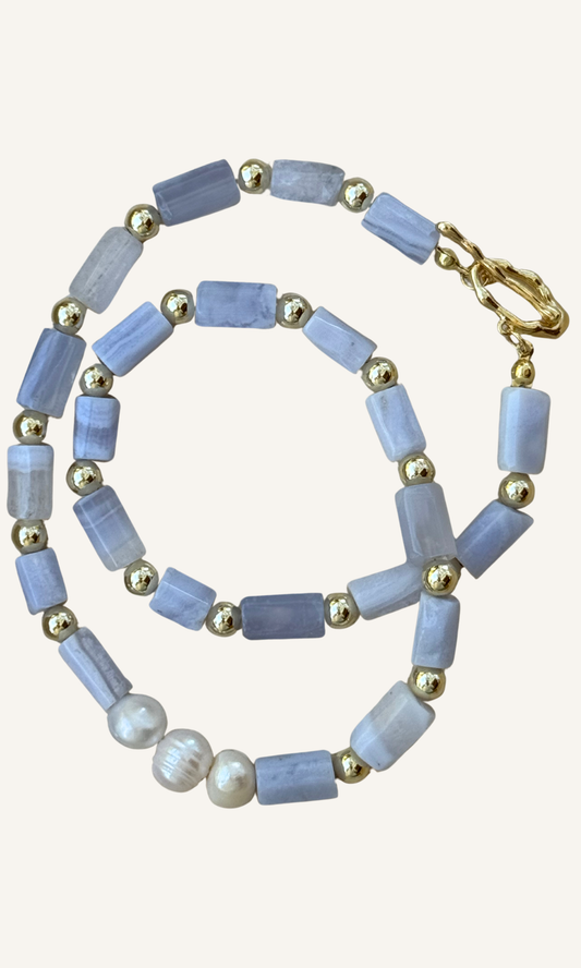 Blue Lace Agate and Freshwater Pearl necklace with gold filled findings and a toggle closure