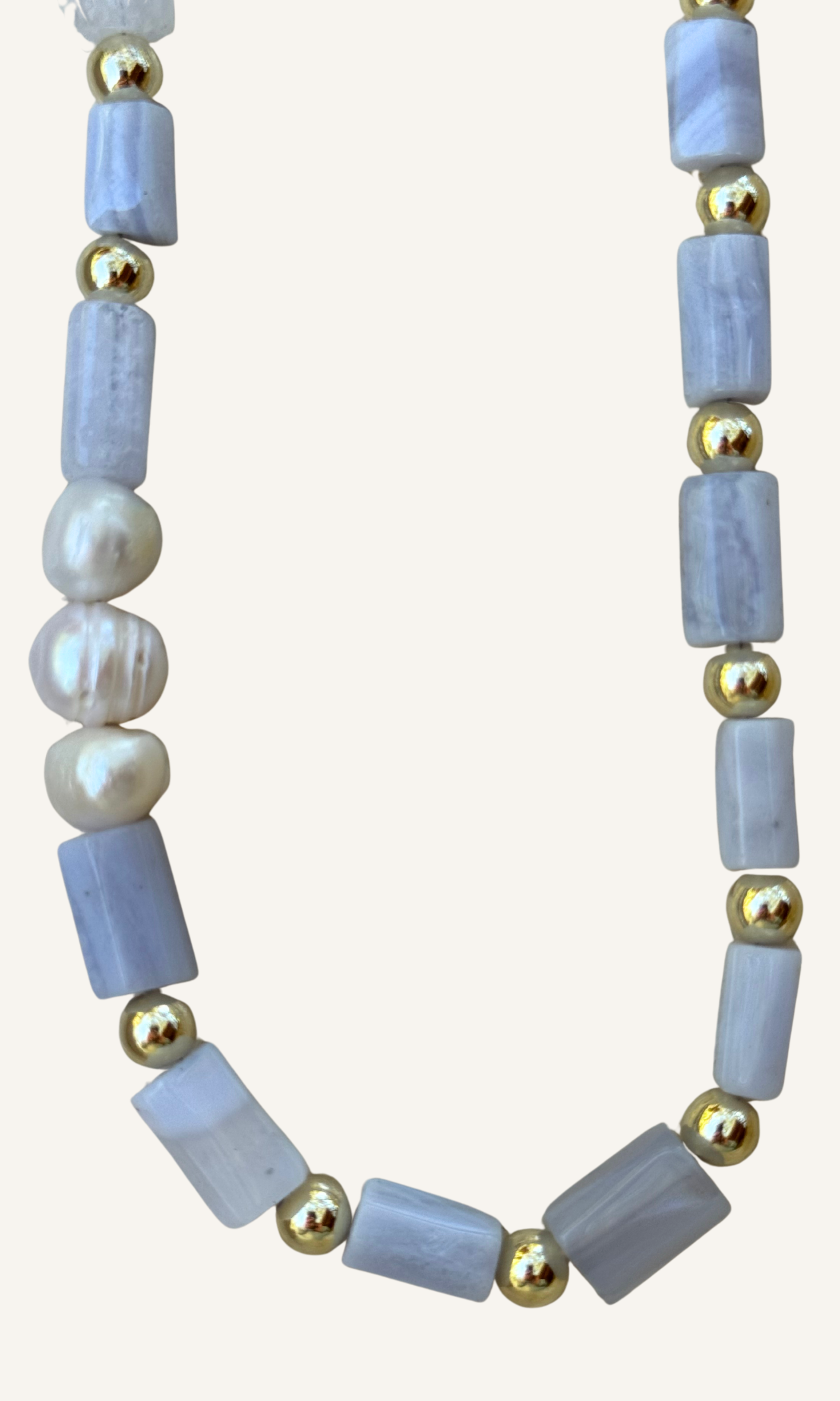 Blue Lace Agate and Freshwater Pearl necklace with gold filled findings and a toggle closure