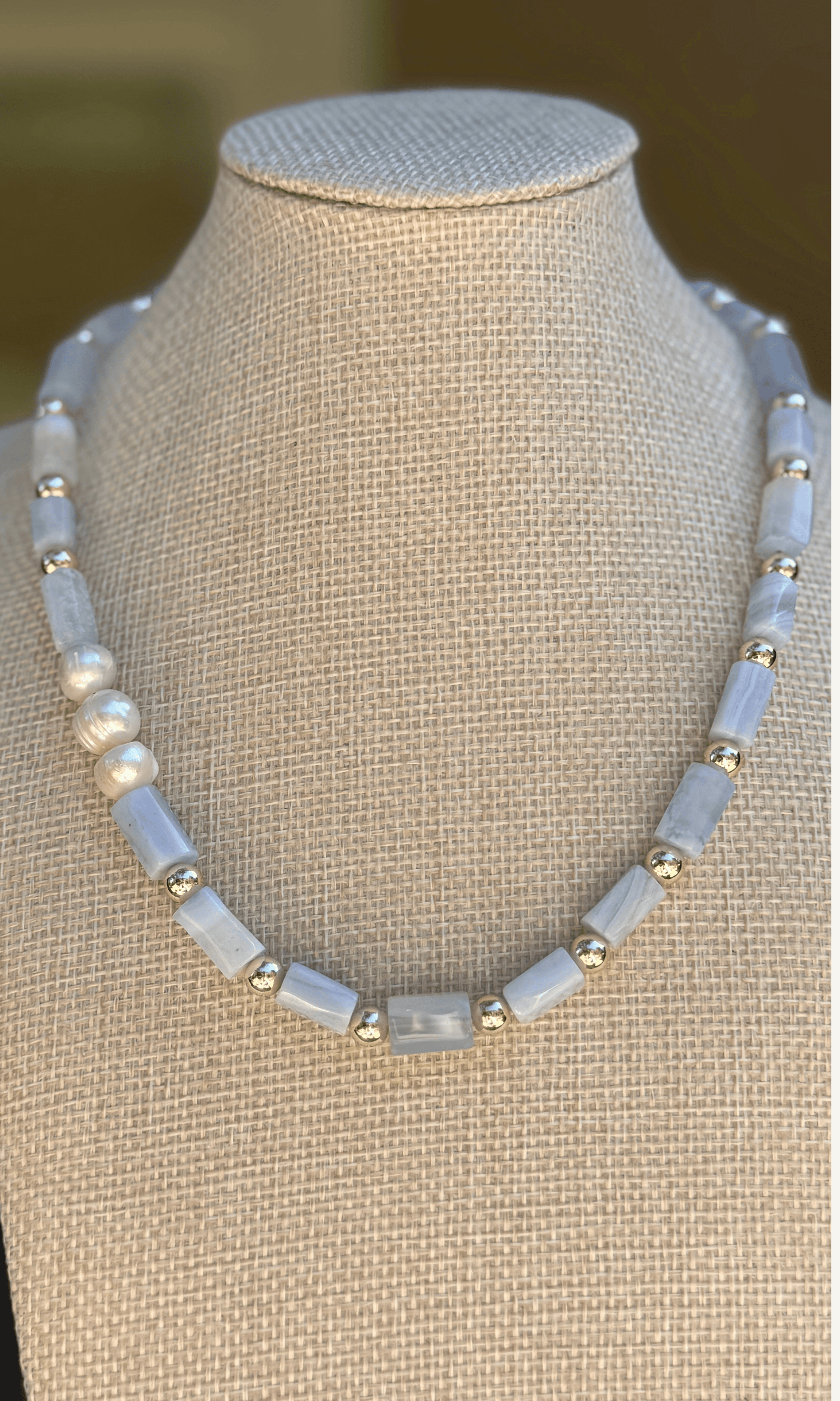 Blue Lace Agate and Freshwater Pearl necklace with gold filled findings and a toggle closure