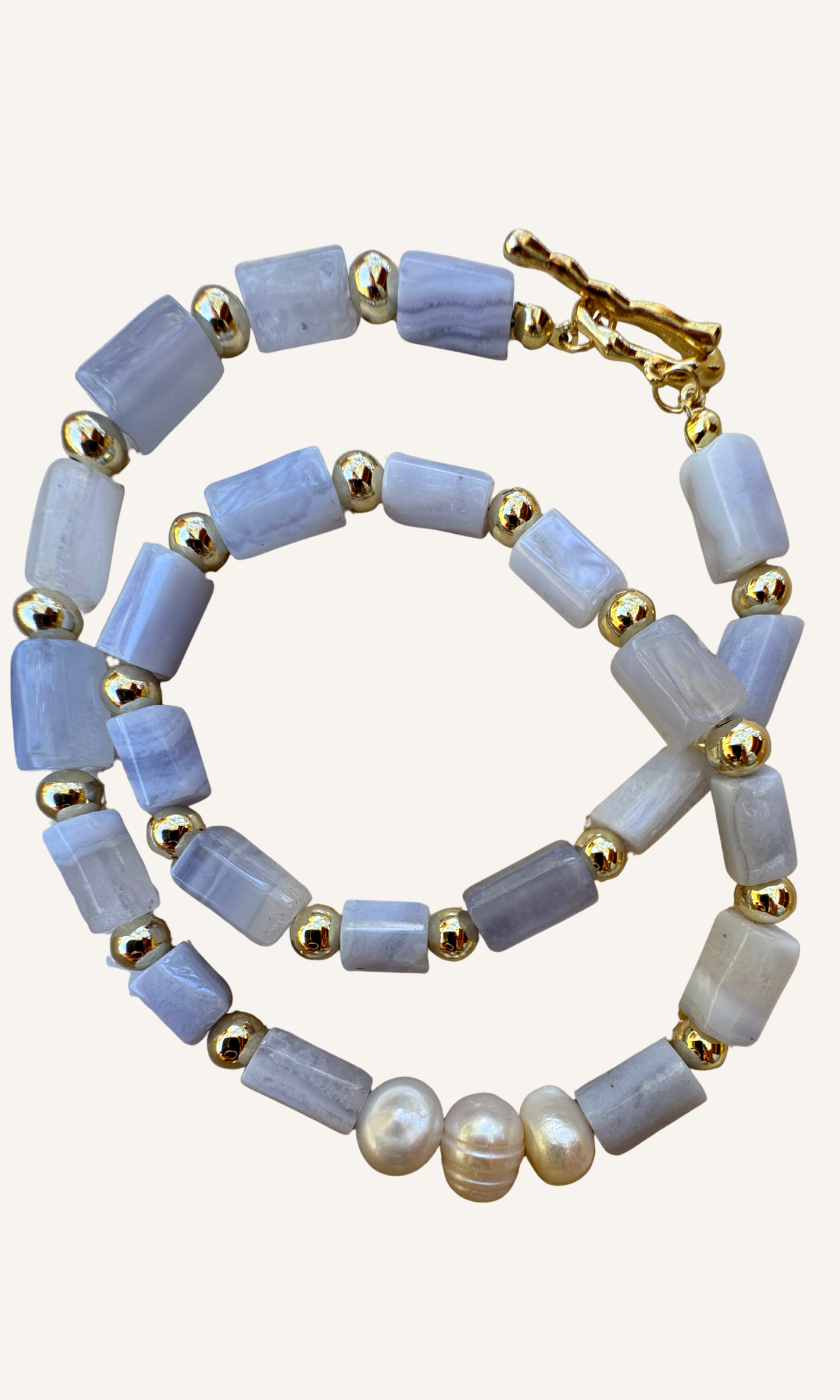 Blue Lace Agate and Freshwater Pearl necklace with gold filled findings and a toggle closure