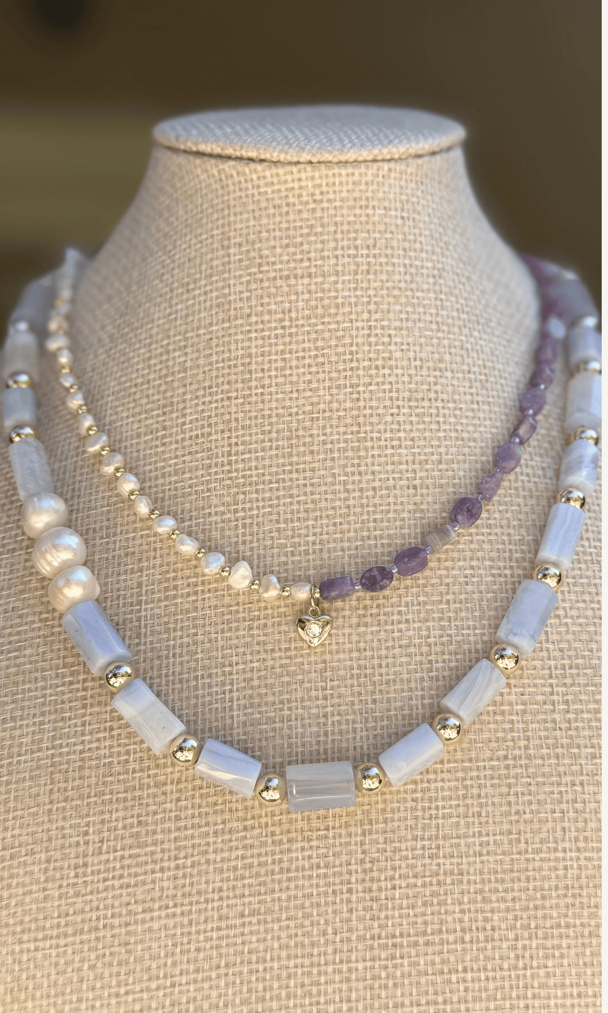 Blue Lace Agate and Freshwater Pearl necklace with gold filled findings and a toggle closure and dainty purple lepidolite and pearl necklace with heart charm