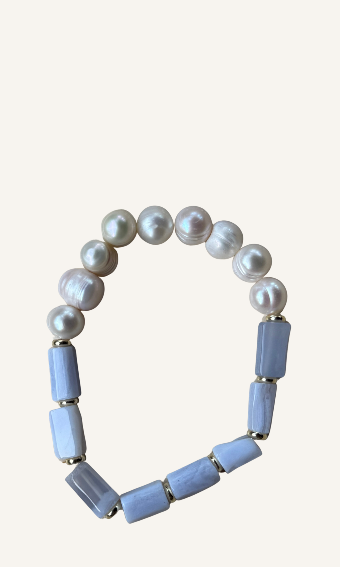 Blue Lace Agate and Freshwater Pearl stretch bracelet with gold filled spacers