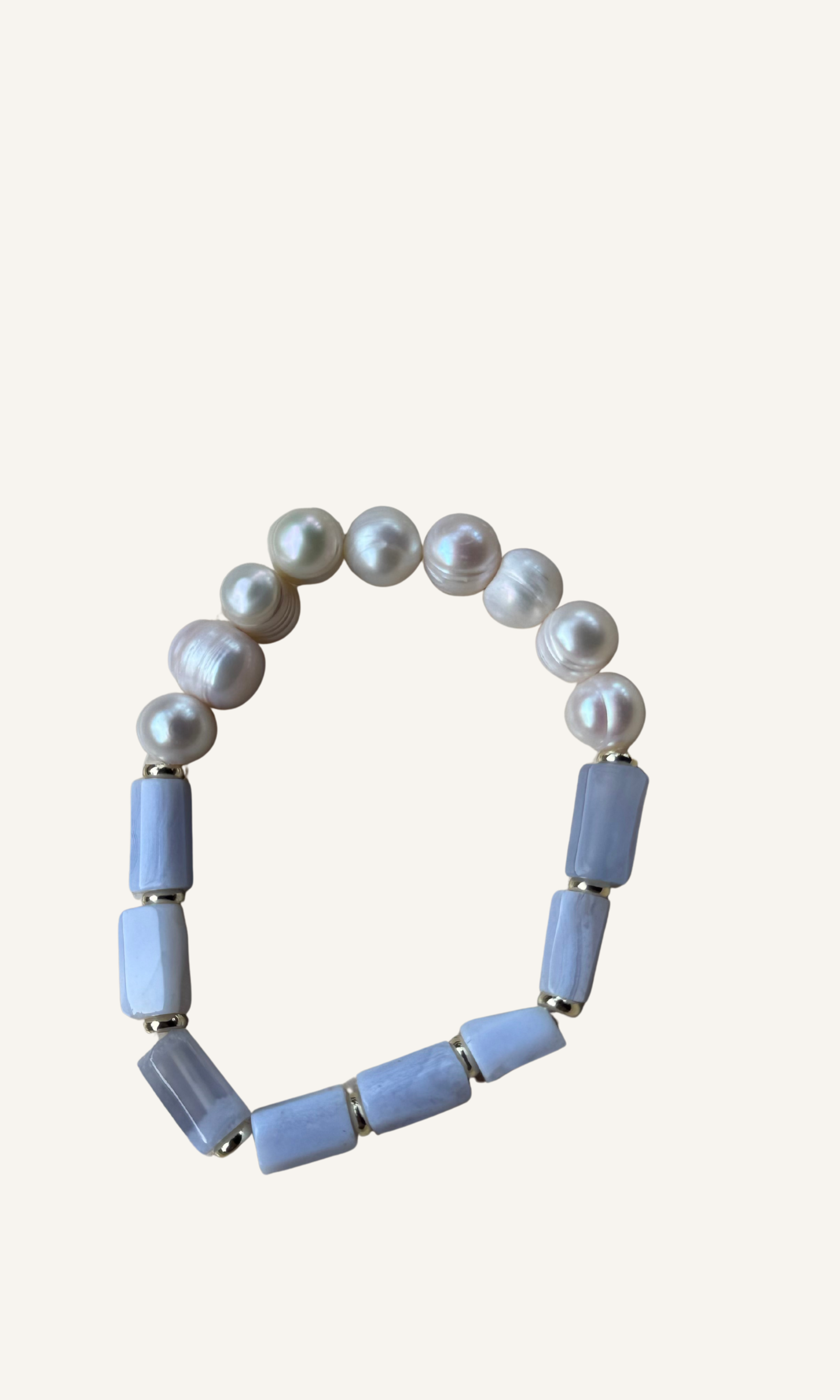 Blue Lace Agate and Freshwater Pearl stretch bracelet with gold filled spacers