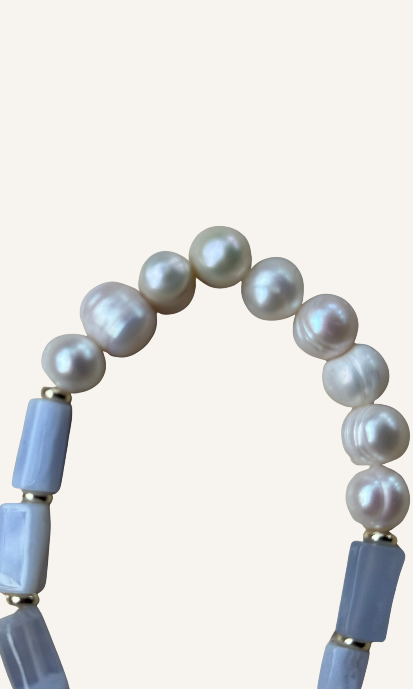 Blue Lace Agate and Freshwater Pearl stretch bracelet with gold filled spacers