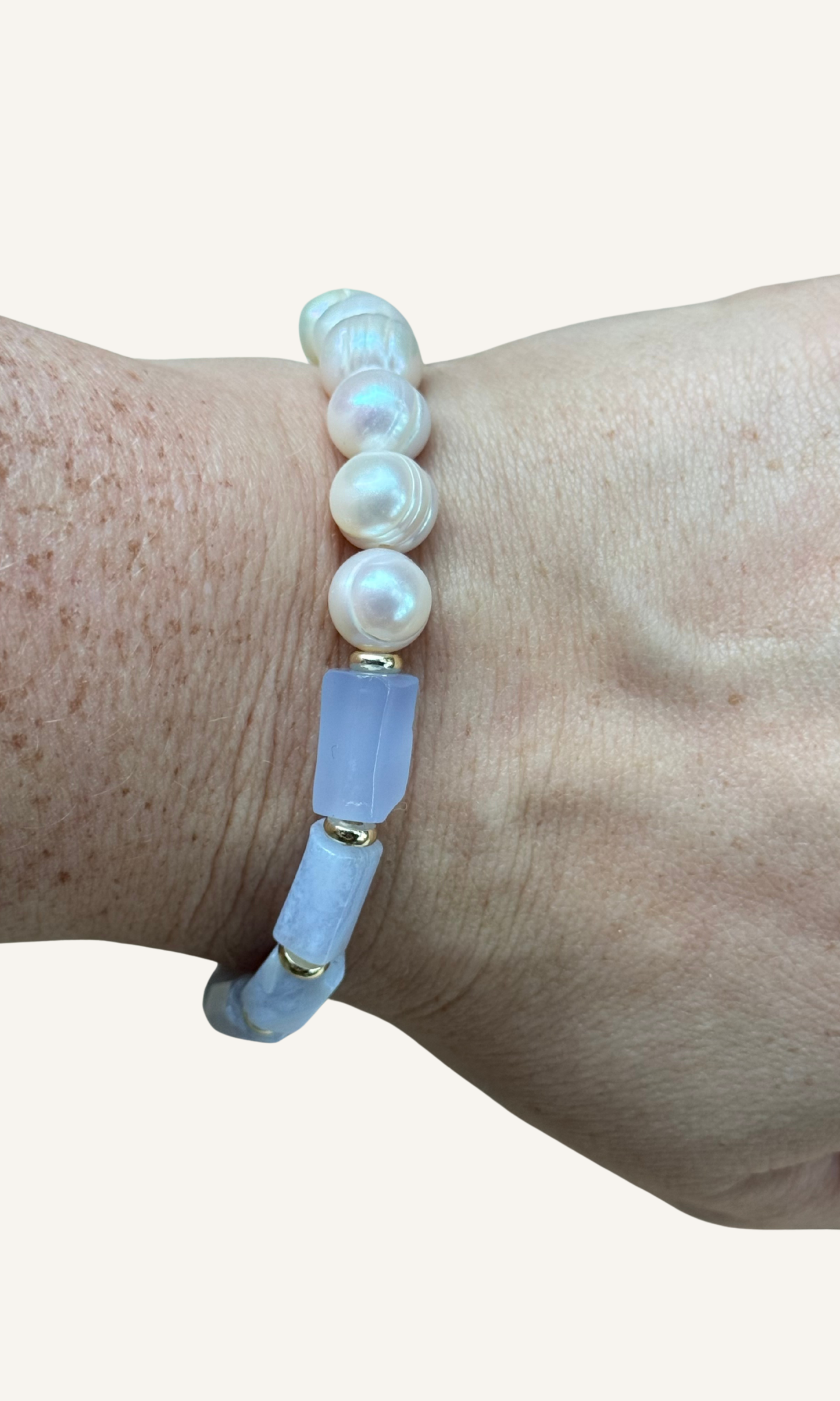 Blue Lace Agate and Freshwater Pearl stretch bracelet with gold filled spacers