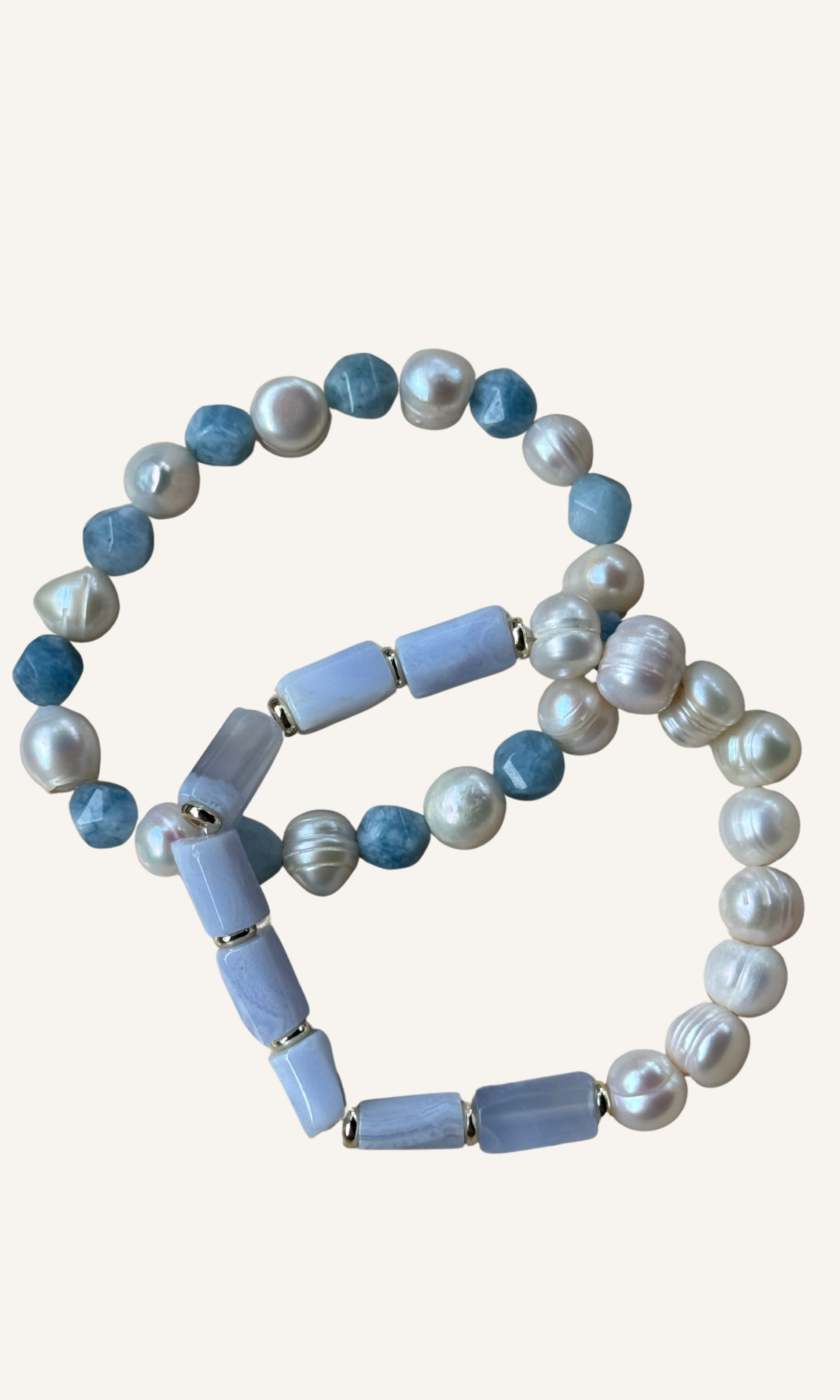 Blue Lace Agate and Freshwater Pearl stretch bracelet with gold filled spacers and blue jade and pearl bracelet