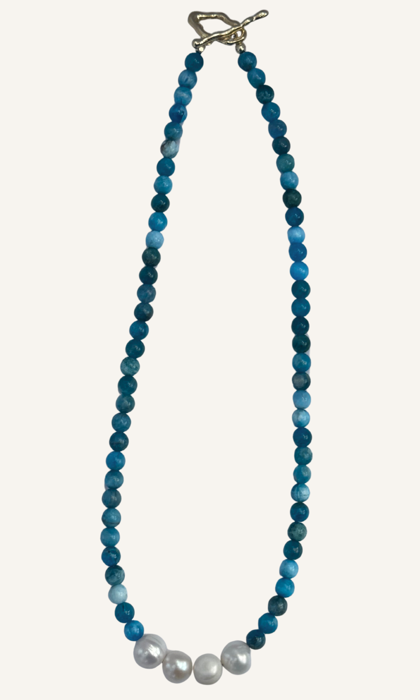 Bright blue Apatite necklace with Freshwater Pearls and gold filled toggle clasp