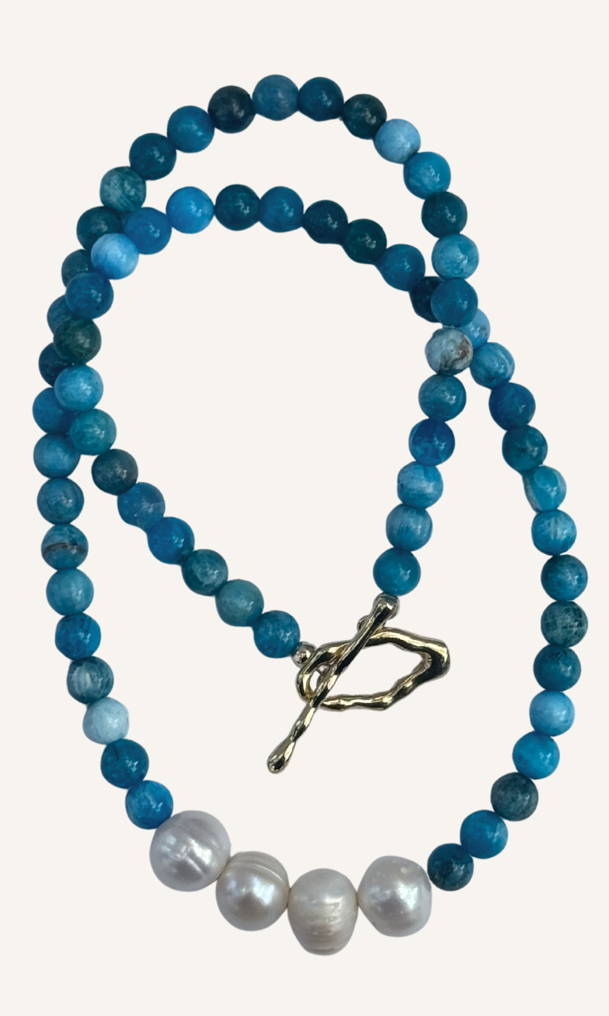 Bright blue Apatite necklace with Freshwater Pearls and gold filled toggle clasp