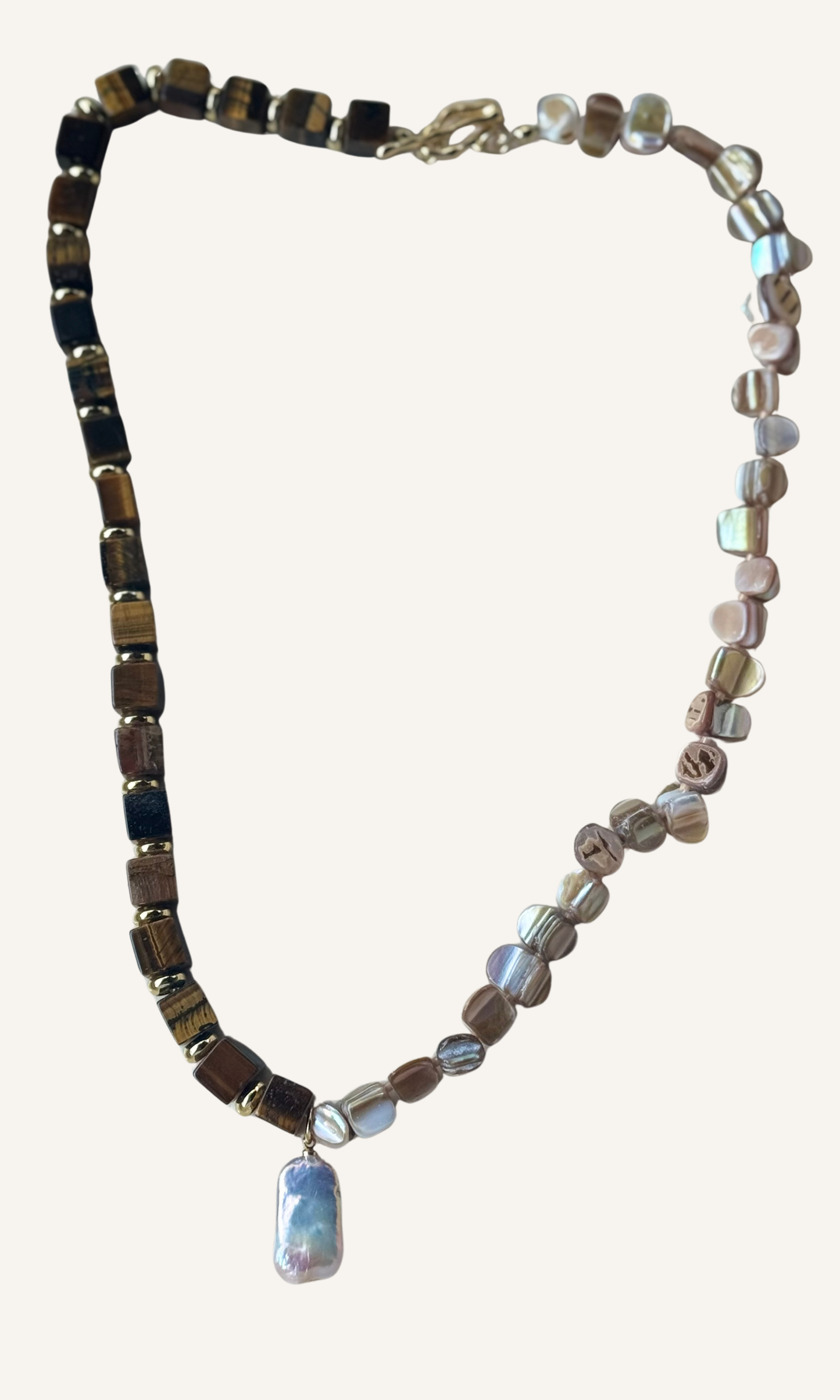 Brown Tiger's Eye and natural brown Mother of Pearl necklace with Freshwater Pearl charm, gold filled findings, and a toggle closure