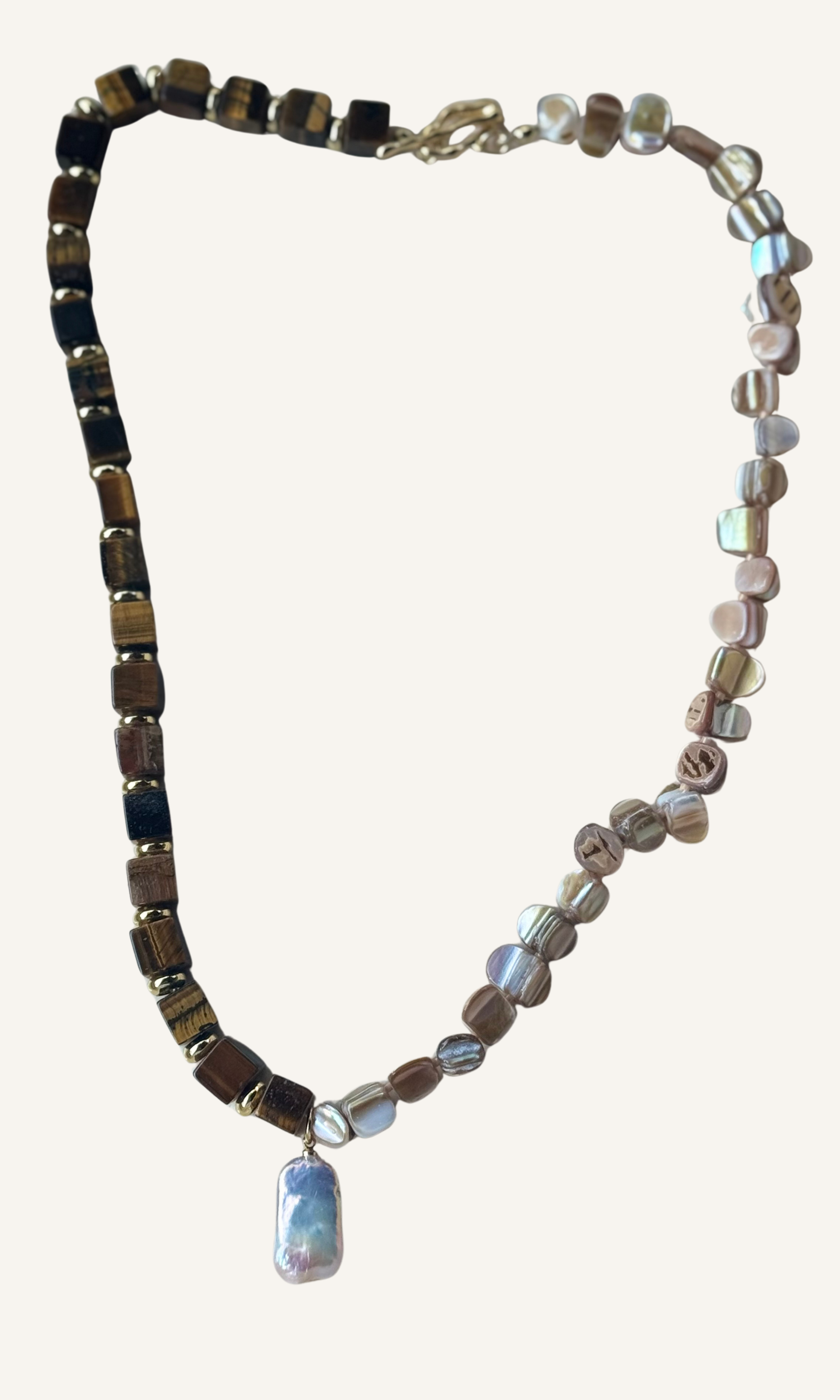 Brown Tiger's Eye and natural brown Mother of Pearl necklace with Freshwater Pearl charm, gold filled findings, and a toggle closure