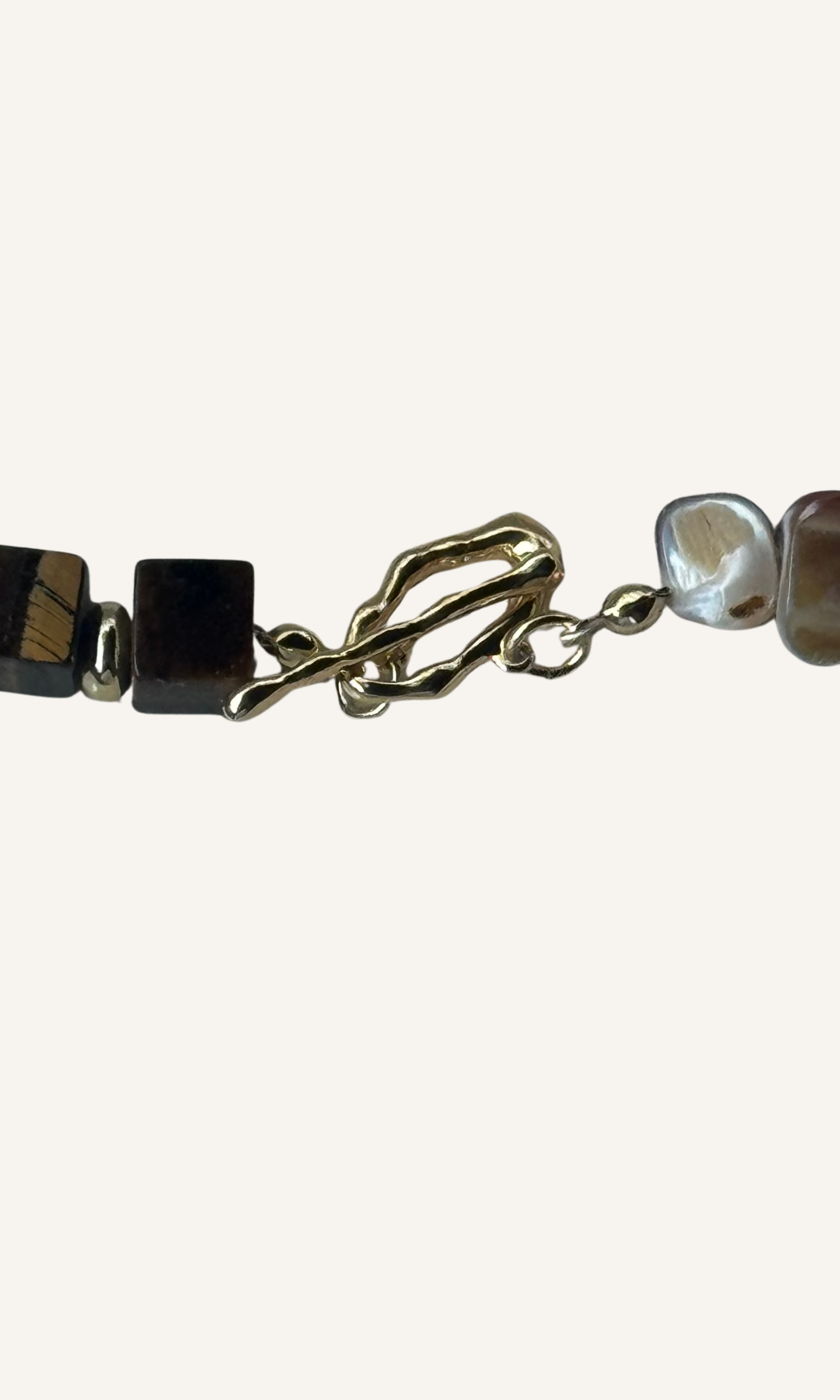 Brown Tiger's Eye and natural brown Mother of Pearl necklace with Freshwater Pearl charm, gold filled findings, and a toggle closure