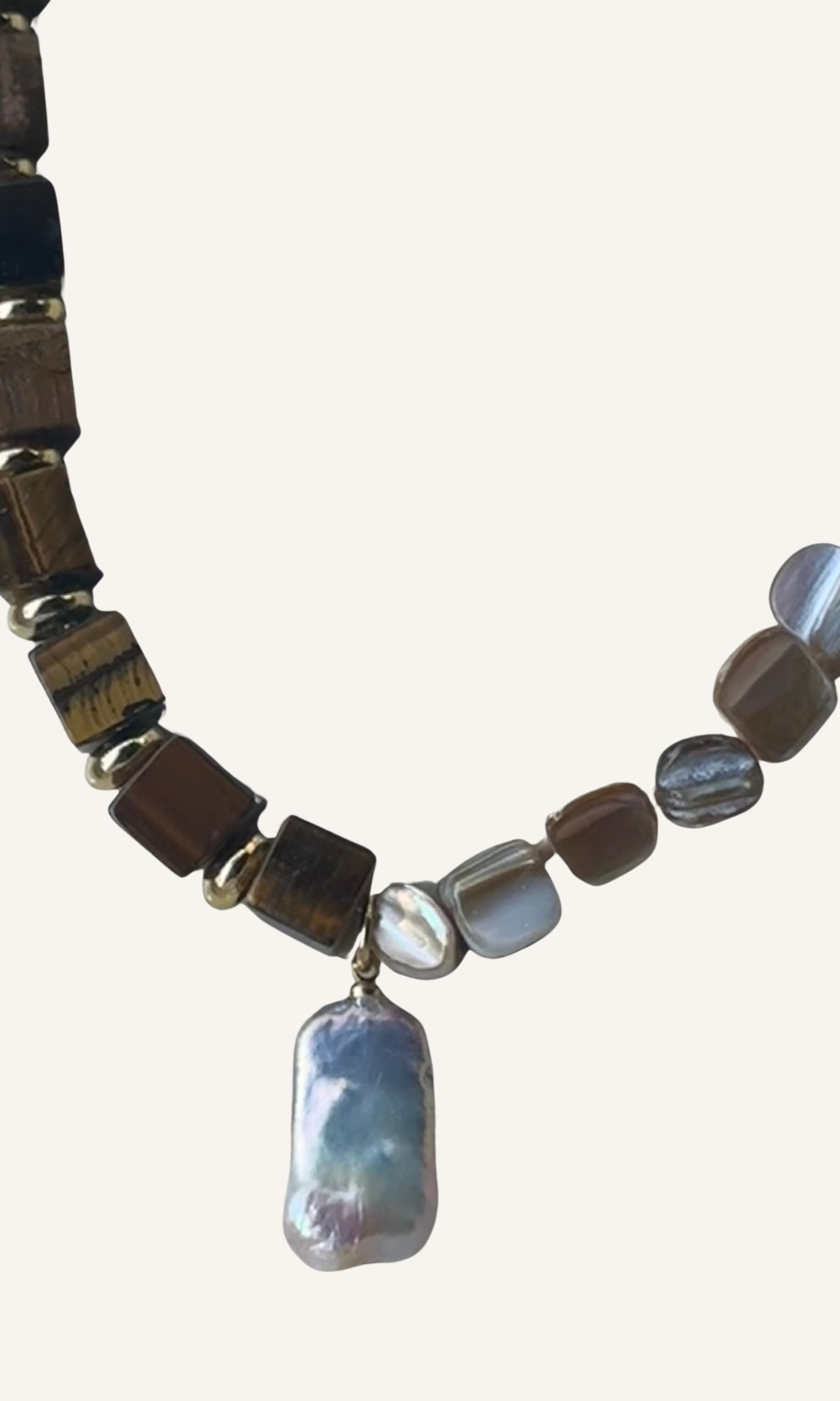 Brown Tiger's Eye and natural brown Mother of Pearl necklace with Freshwater Pearl charm, gold filled findings, and a toggle closure
